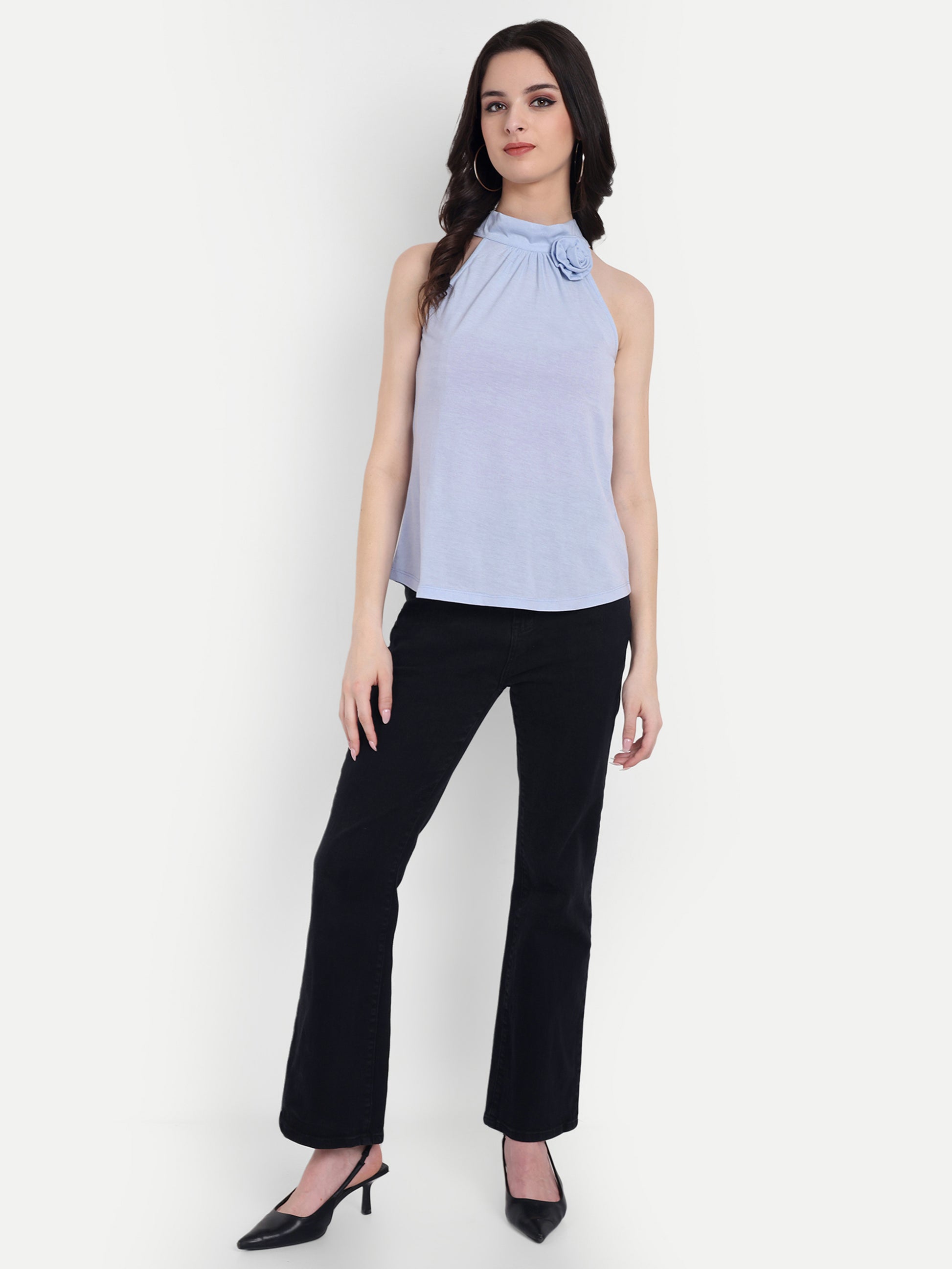 Women's Light Blue Halter Floral Note Neck Sleeveless Top | Casual & Party Wear (Copy)