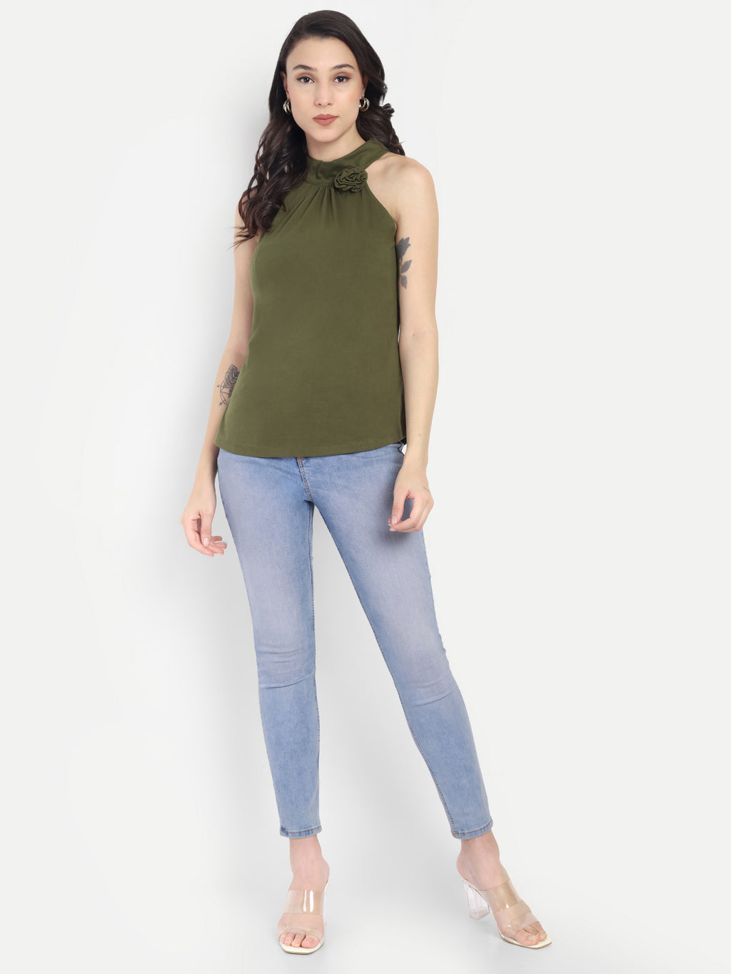 Women's Olive Halter Neck Sleeveless Top | Casual & Party Wear