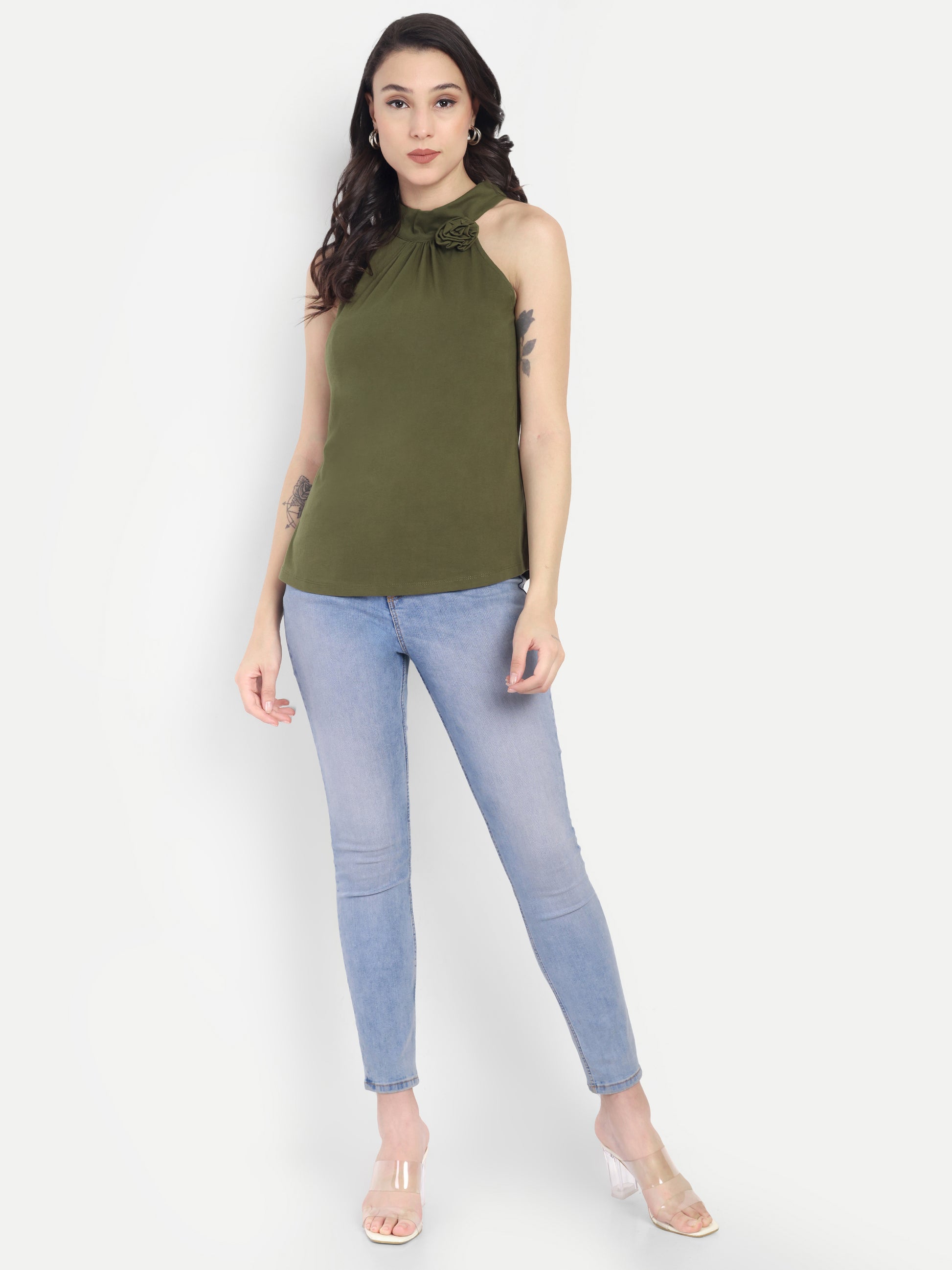 Women's Olive Halter Neck Sleeveless Top | Casual & Party Wear