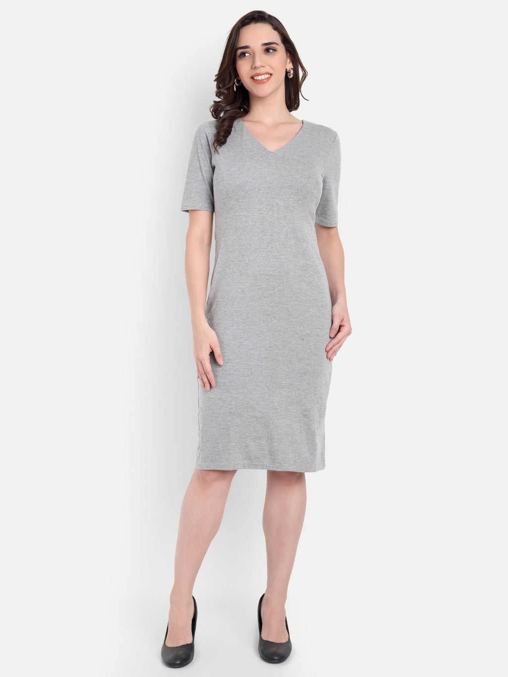 Women's Light Grey Bodycon Midi Dress | V-Neck | Half Sleeve | Casual & Office Wear