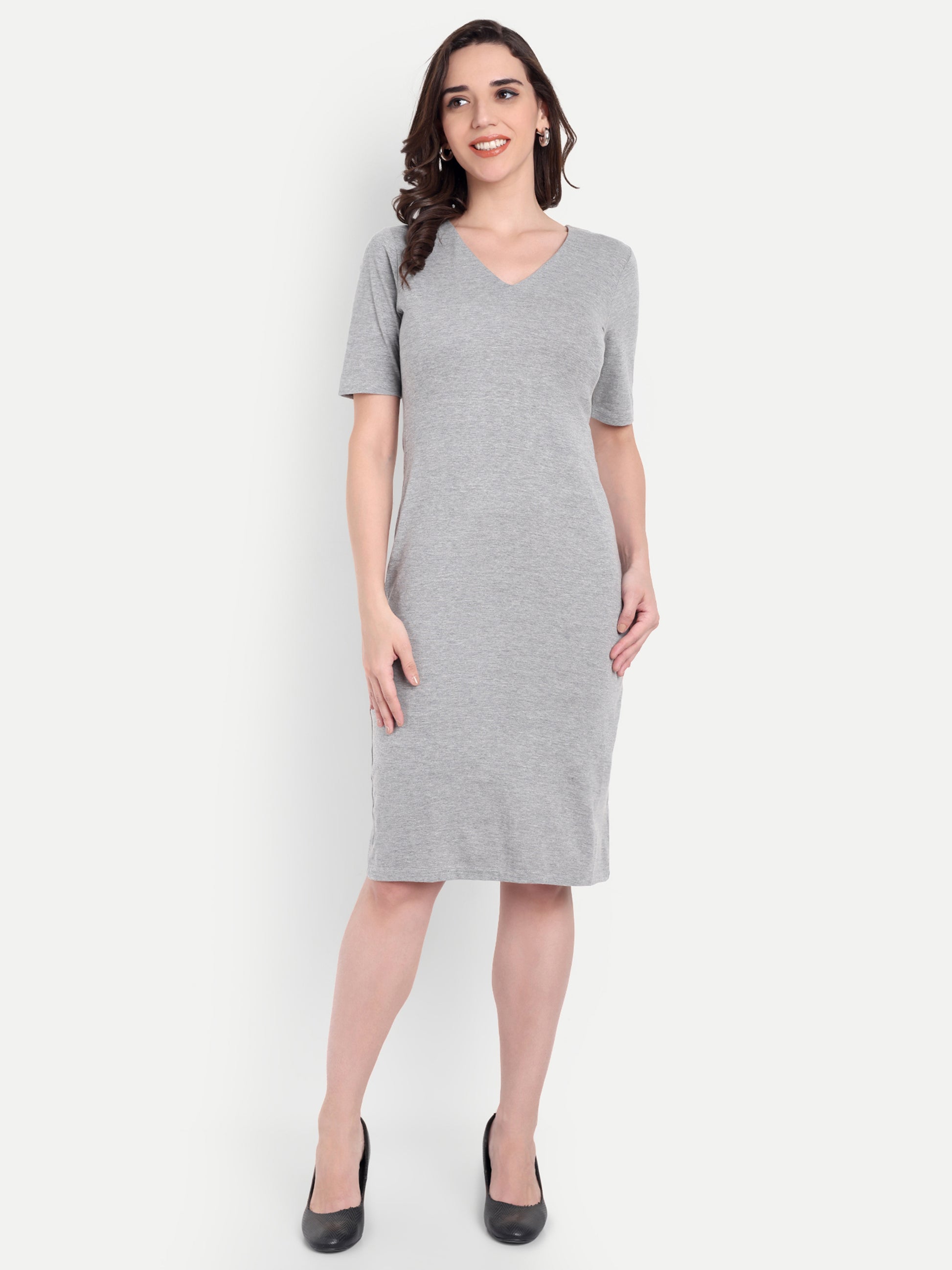 Women's Light Grey Bodycon Midi Dress | V-Neck | Half Sleeve | Casual & Office Wear