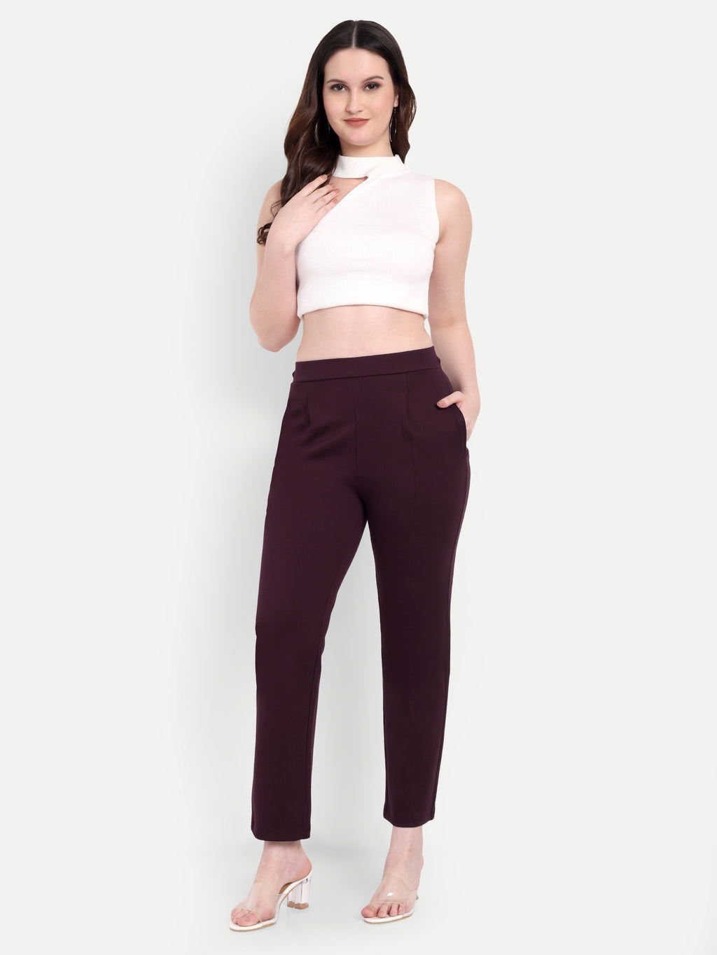 Women's Maroon Slim-Fit Cigarette Pants – Mid-Rise | Formal & Casual Wear