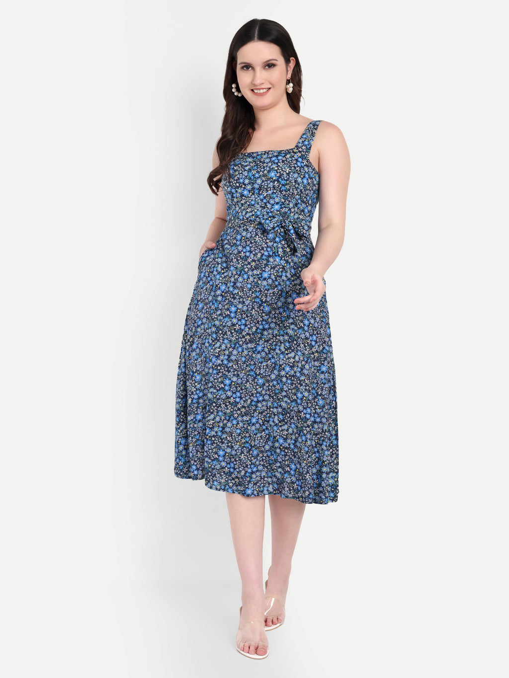 Women's Blue Floral Midi Dress with Square Neck & Side Pockets | Summer Casual Wear