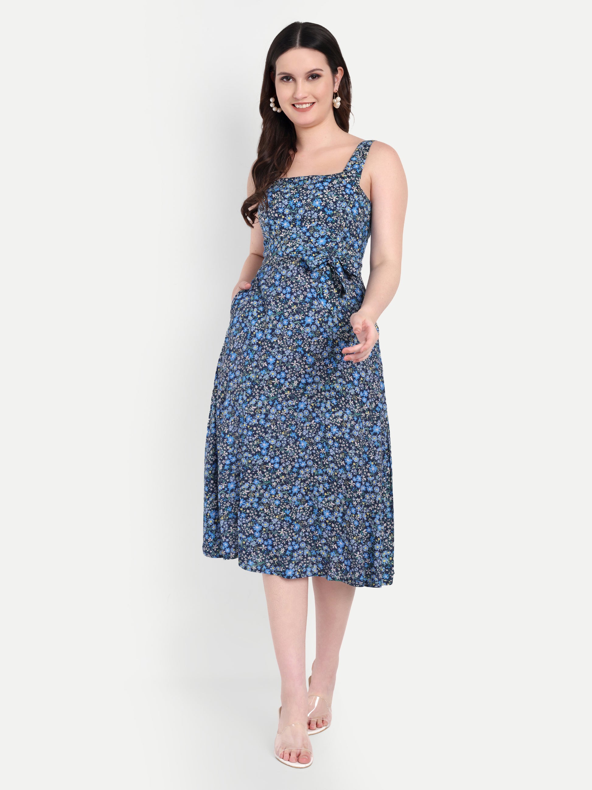 Women's Blue Floral Midi Dress with Square Neck & Side Pockets | Summer Casual Wear