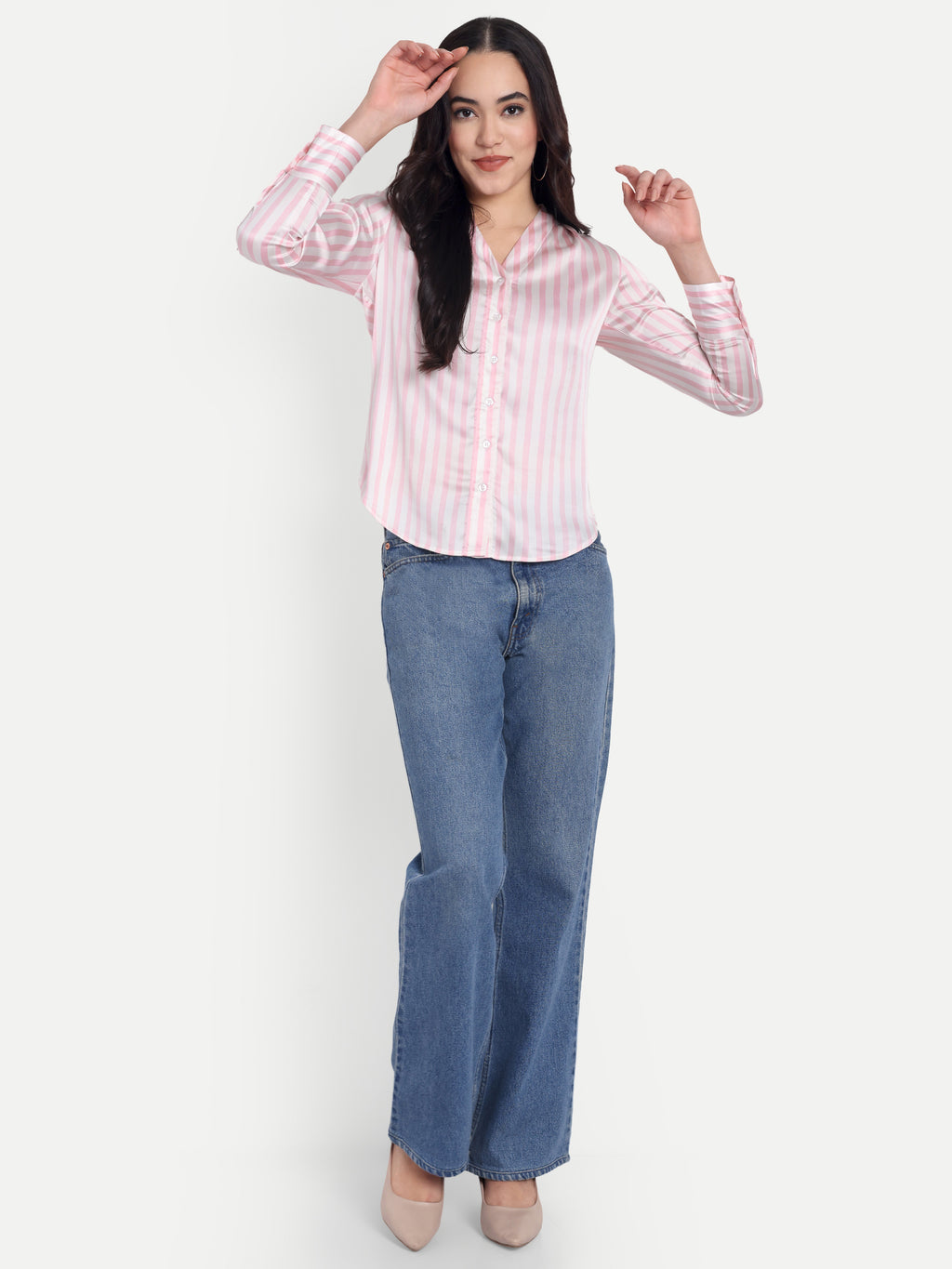 Women's Pink & White Striped Button-Down Shirt – Long Sleeve | Casual & Office Wear