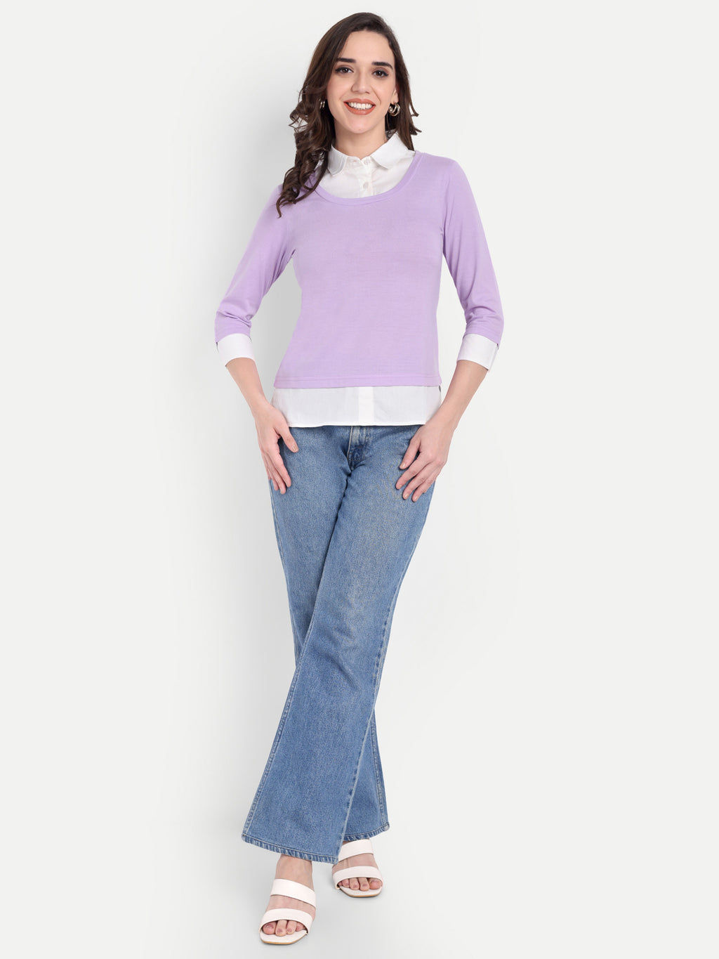 Women's Purple Layered Look Top with white Shirt Collar & 3/4 Sleeves
