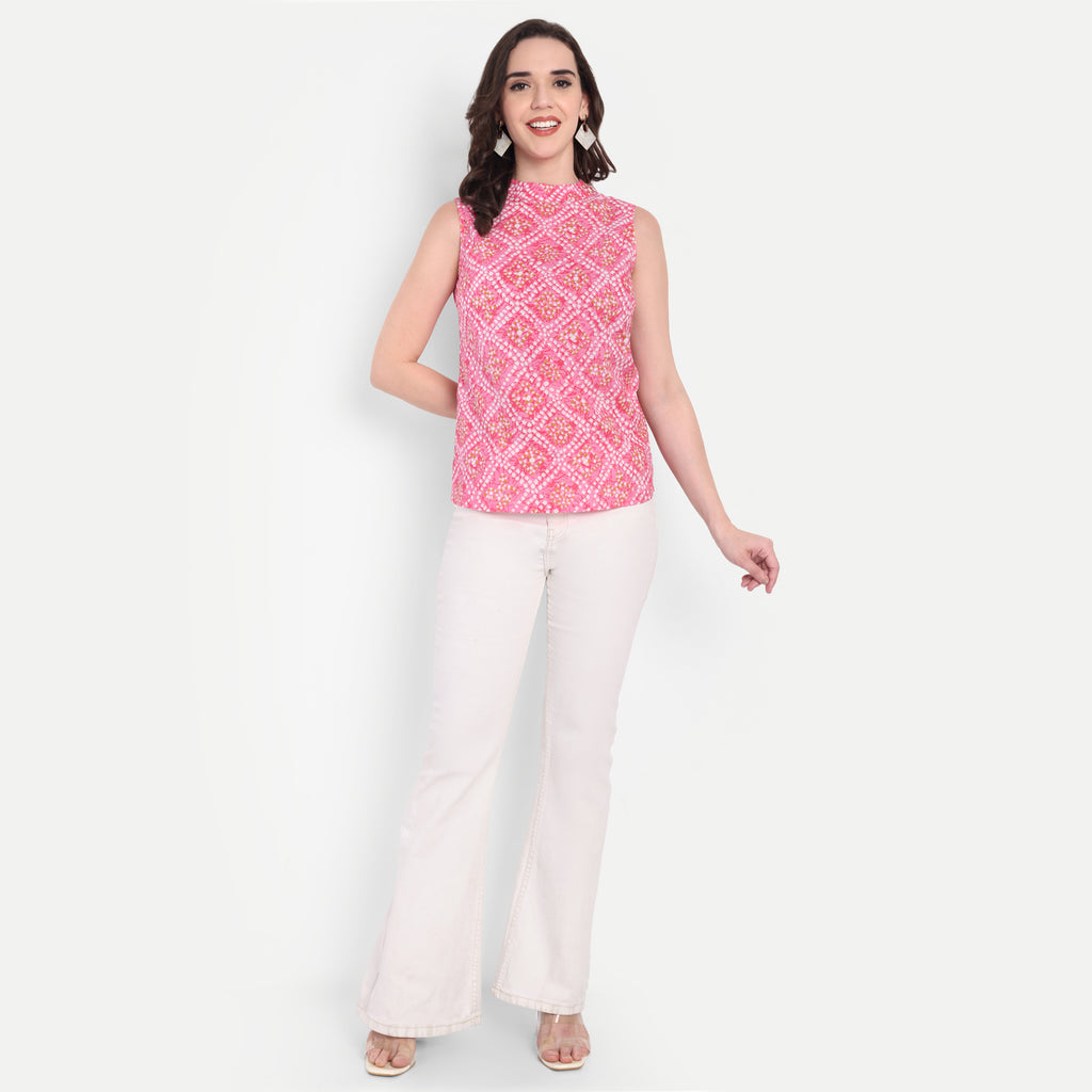 Women's Pink Printed Sleeveless Top | High Neck | Lightweight & Stylish Summer Wear