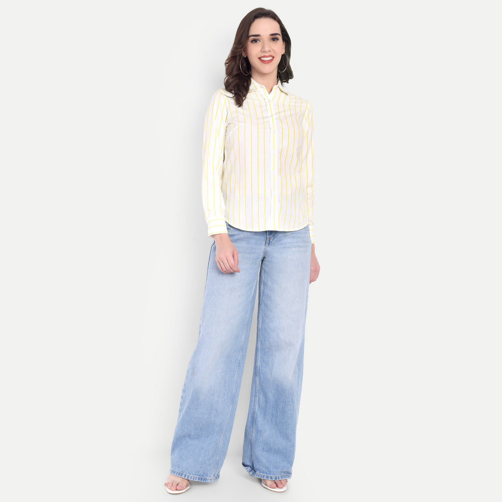 Women's White & Yellow Striped Button-Down Shirt – Long Sleeve | Casual & Office Wear