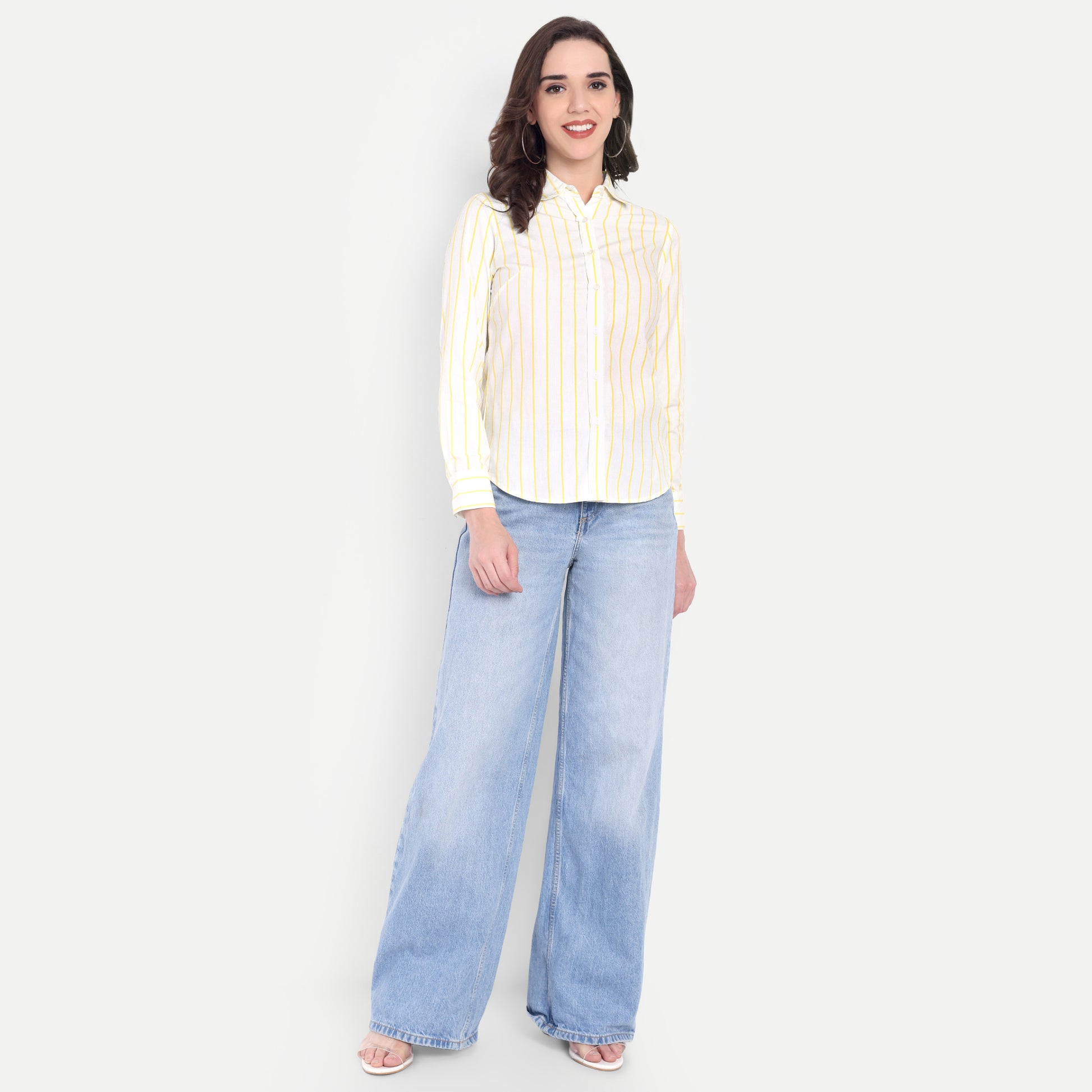 Women's White & Yellow Striped Button-Down Shirt – Long Sleeve | Casual & Office Wear