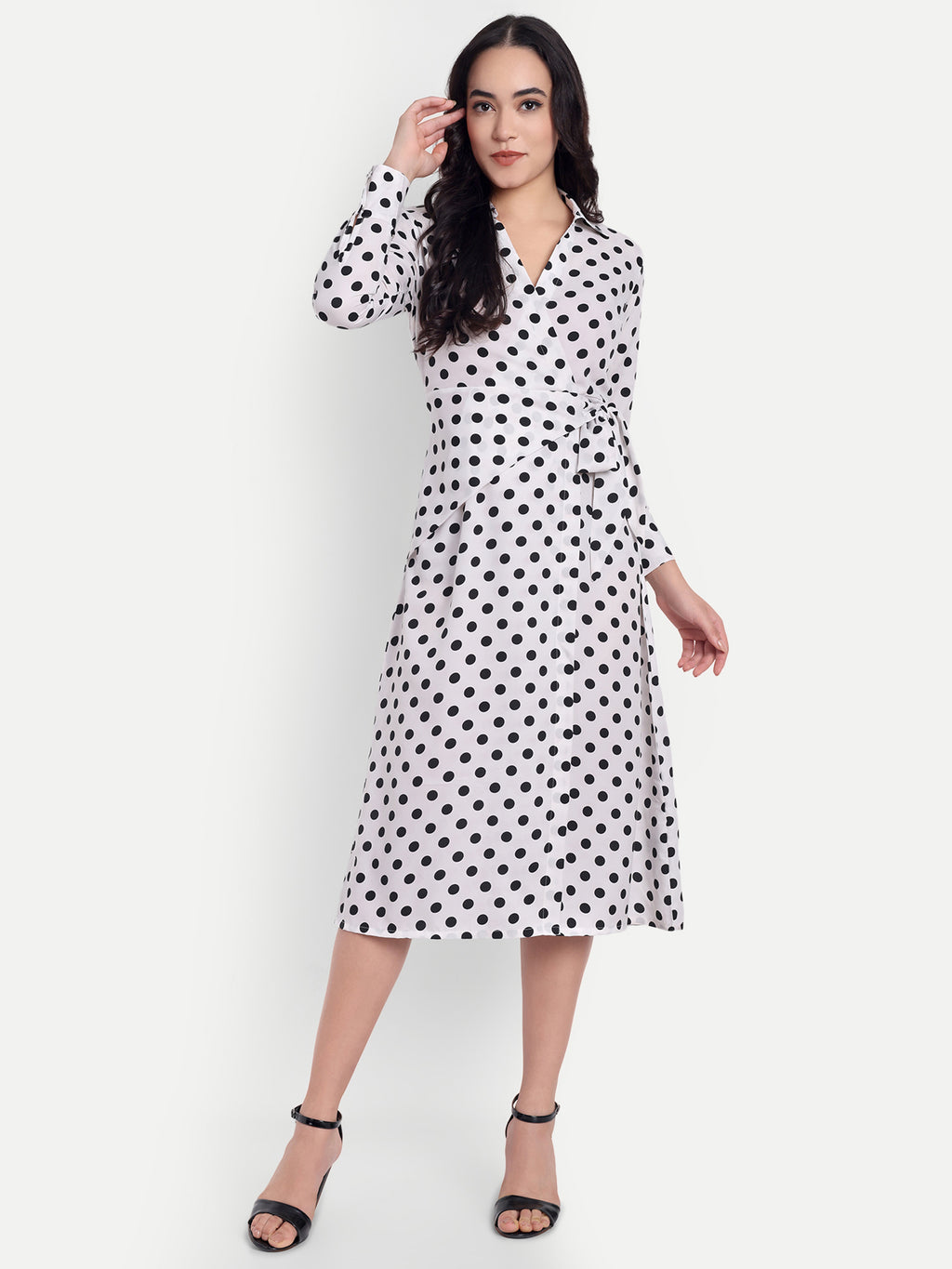 Women's  white and black Dress | Long Sleeve | Belt Tie Waist