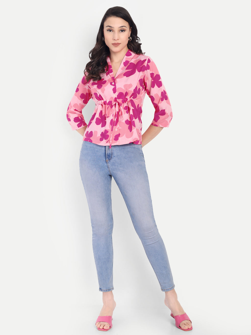 FairLeaf Women's Collar Top with Button – |100% Pure Cotton|Light weight Pink Color Top Relaxed Fit Floral Print – Stylish Casual Summer Western Wear for Women