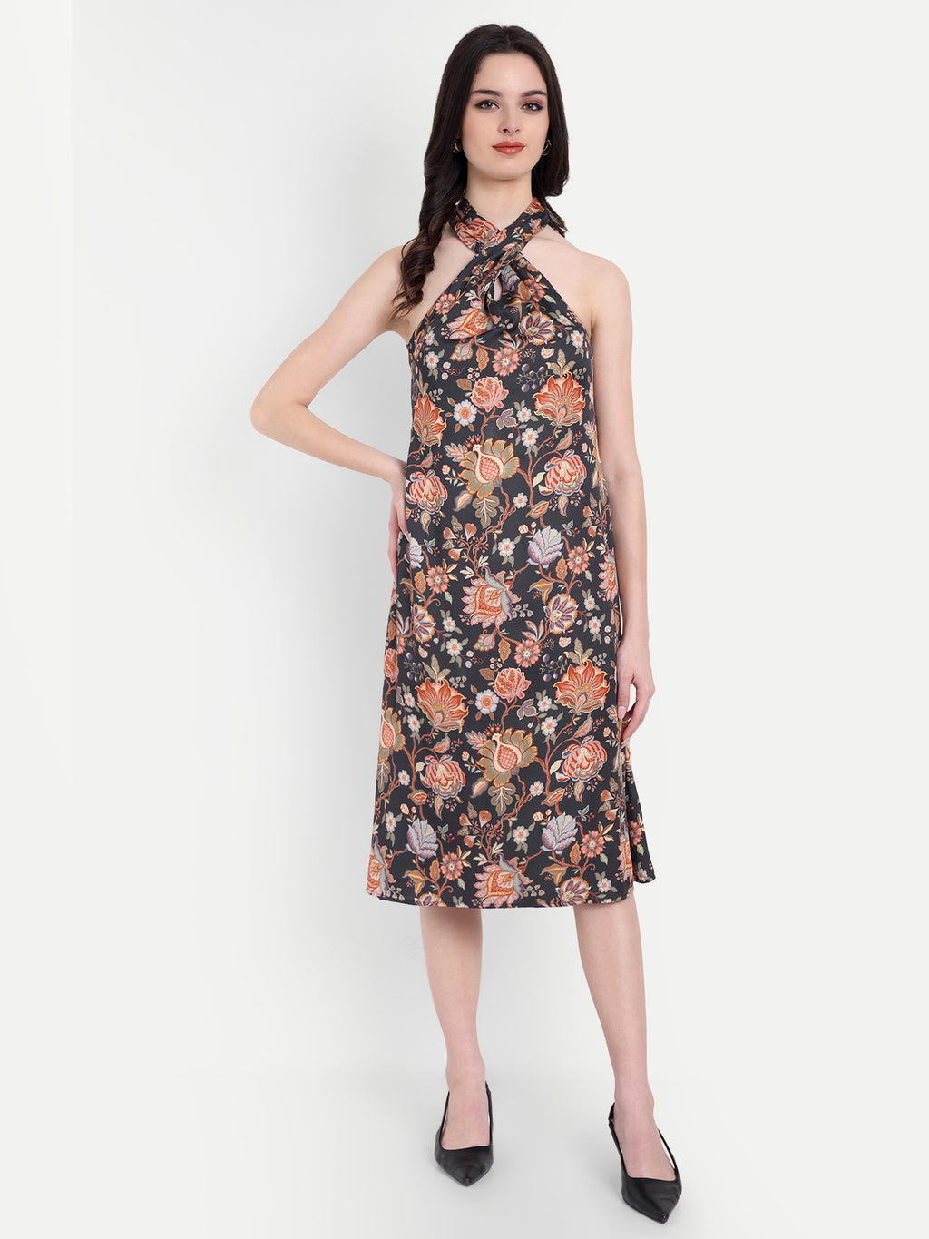 Women's Black Floral Halter Neck Midi Dress | Sleeveless Summer Dress