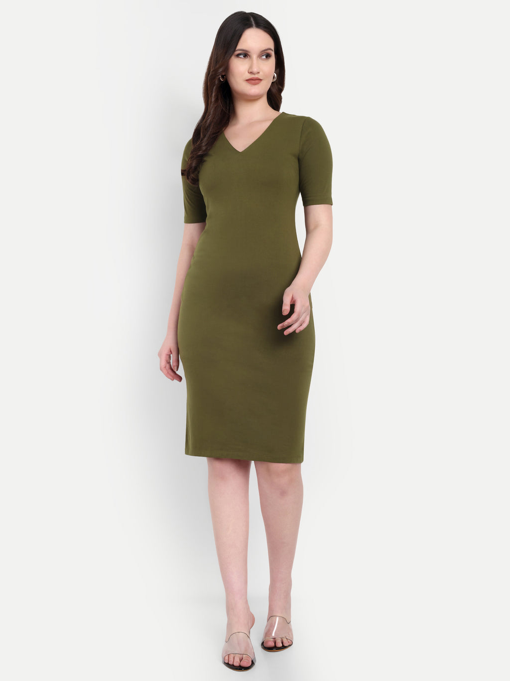 Women's Olive Green Bodycon Midi Dress | V-Neck | Half Sleeve | Casual & Office Wear