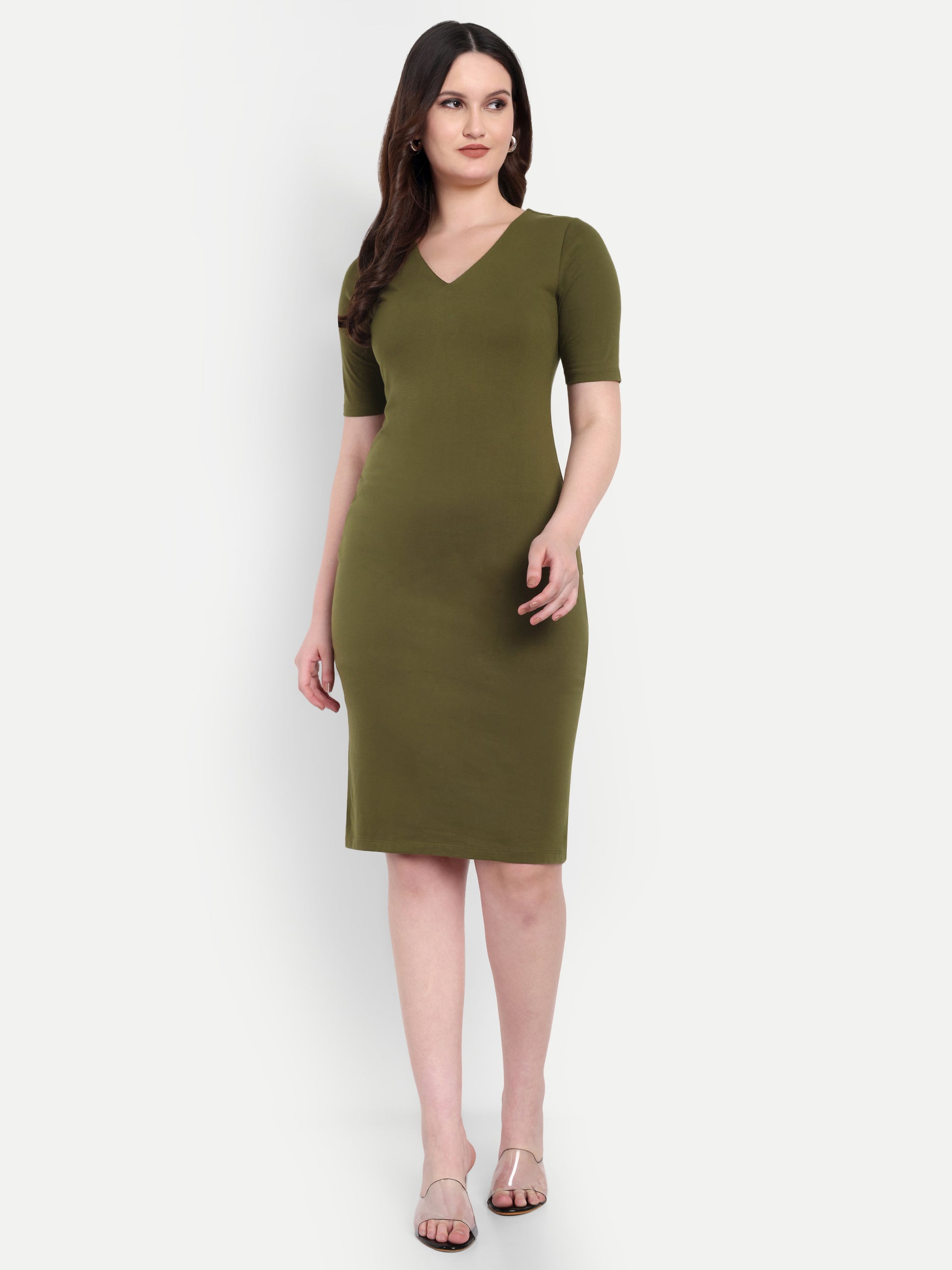 Women's Olive Green Bodycon Midi Dress | V-Neck | Half Sleeve | Casual & Office Wear