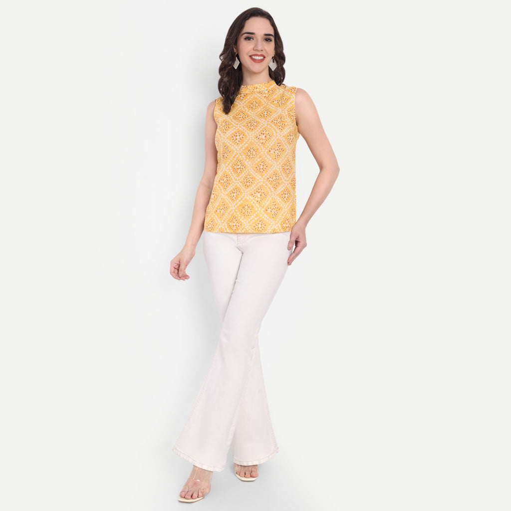 Women's Yellow Printed Sleeveless Top | High Neck | Lightweight & Stylish Summer Wear