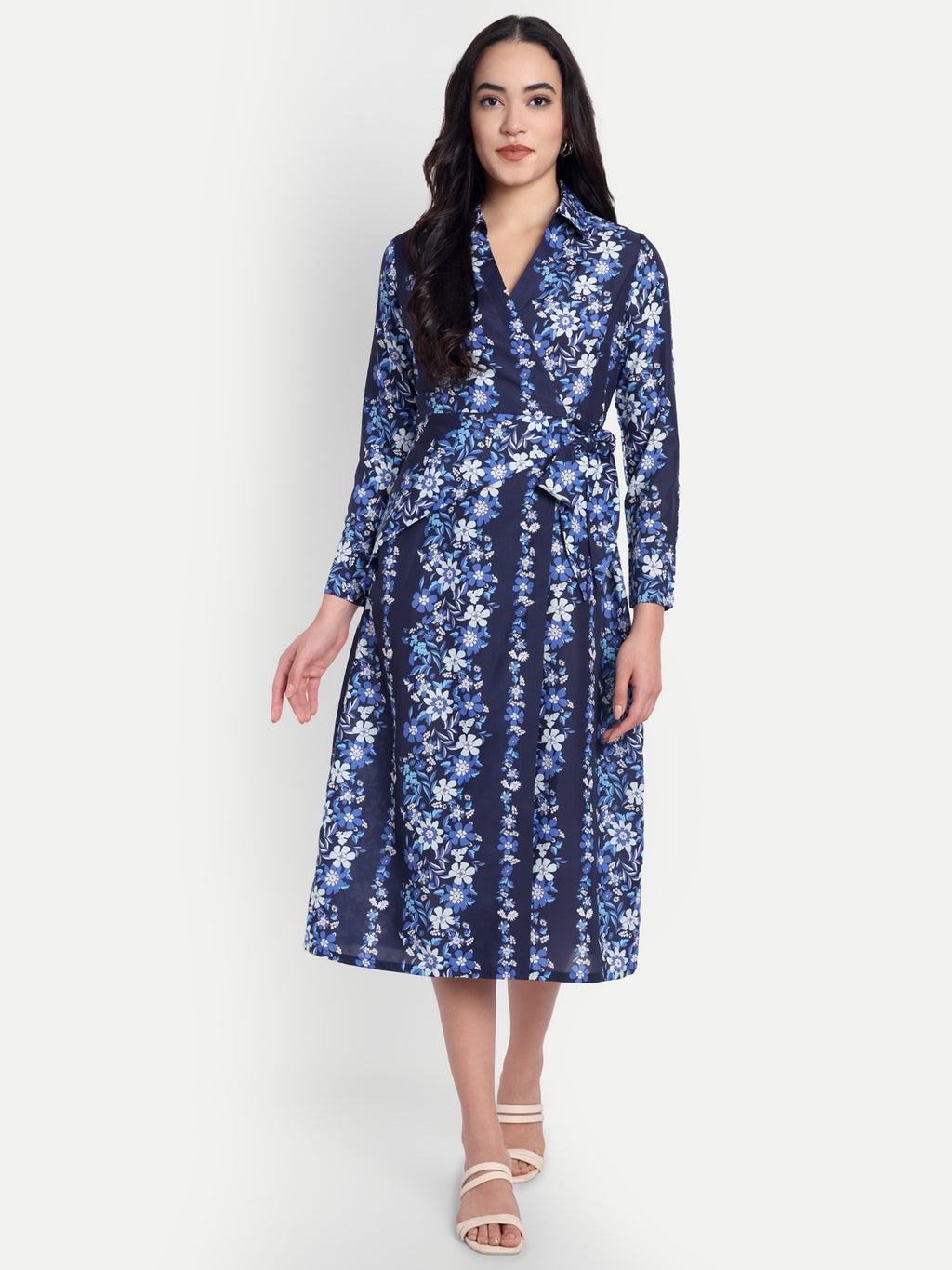 Women's  Blue Floral Dress | Long Sleeve | Belt Tie Waist
