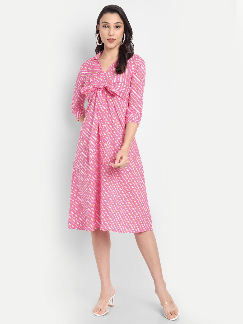 Women's Pink Striped Knee-Length Dress | Front Knot Detail | Casual & Party Wear