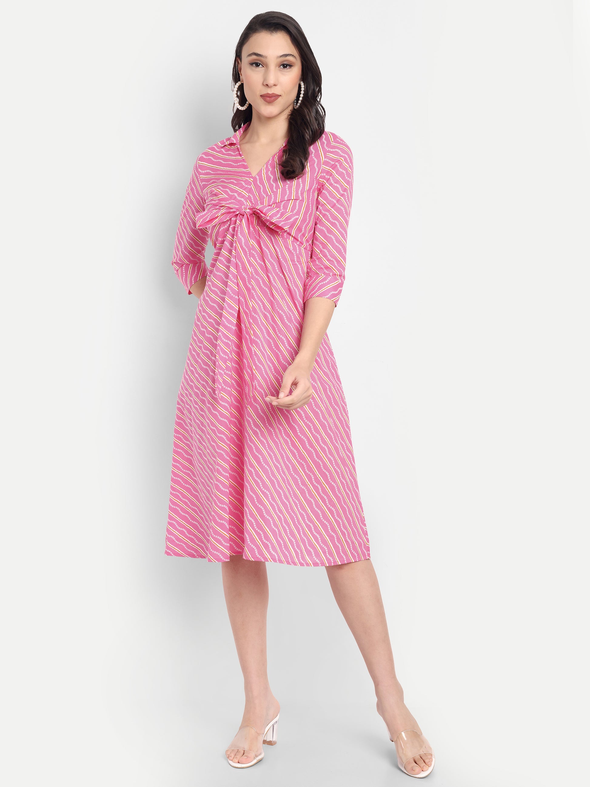 Women's Pink Striped Knee-Length Dress | Front Knot Detail | Casual & Party Wear