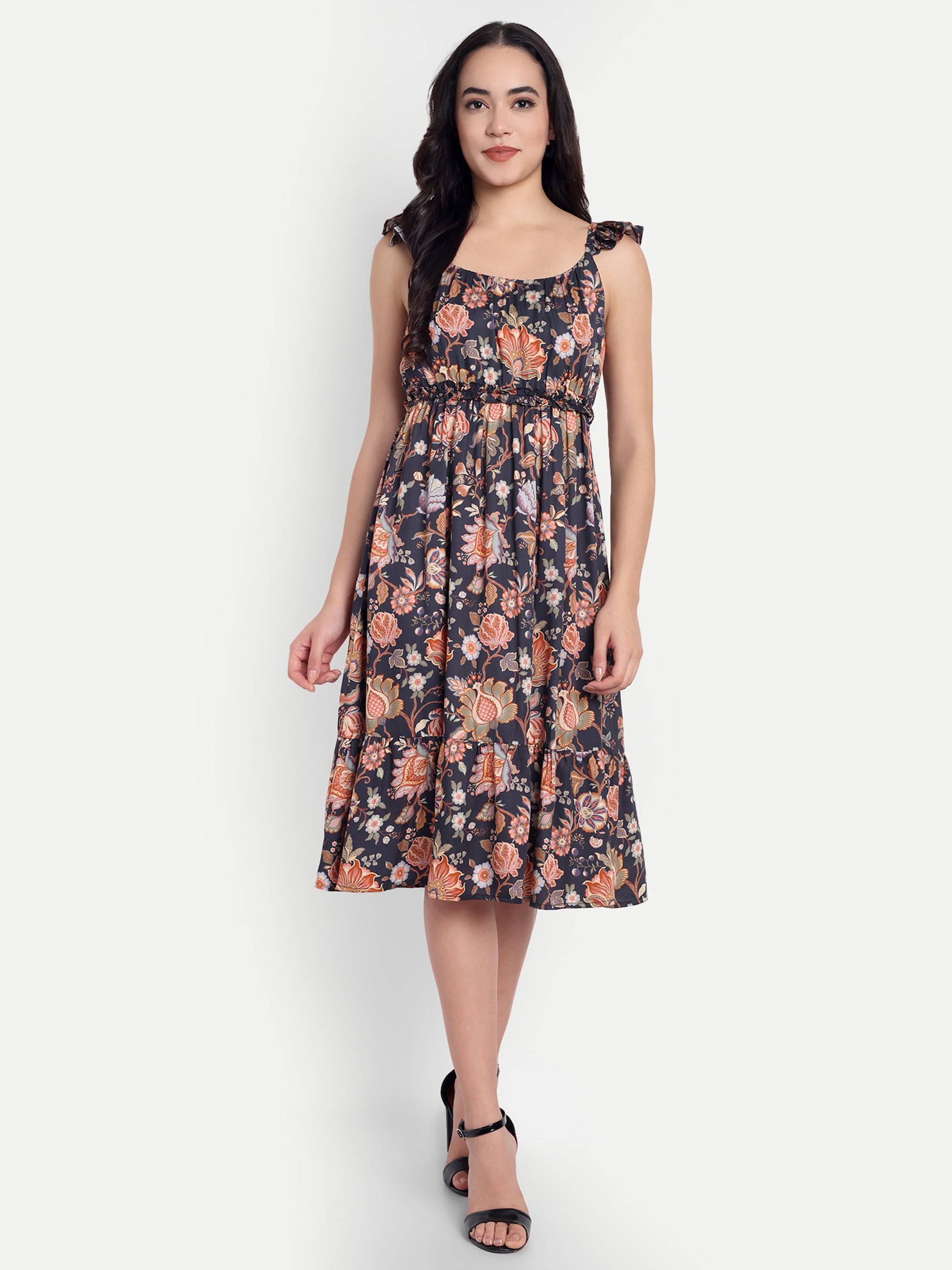 Women's Black Floral Midi Dress | Sleeveless Ruffle Straps | Elegant Casual & Summer Wear