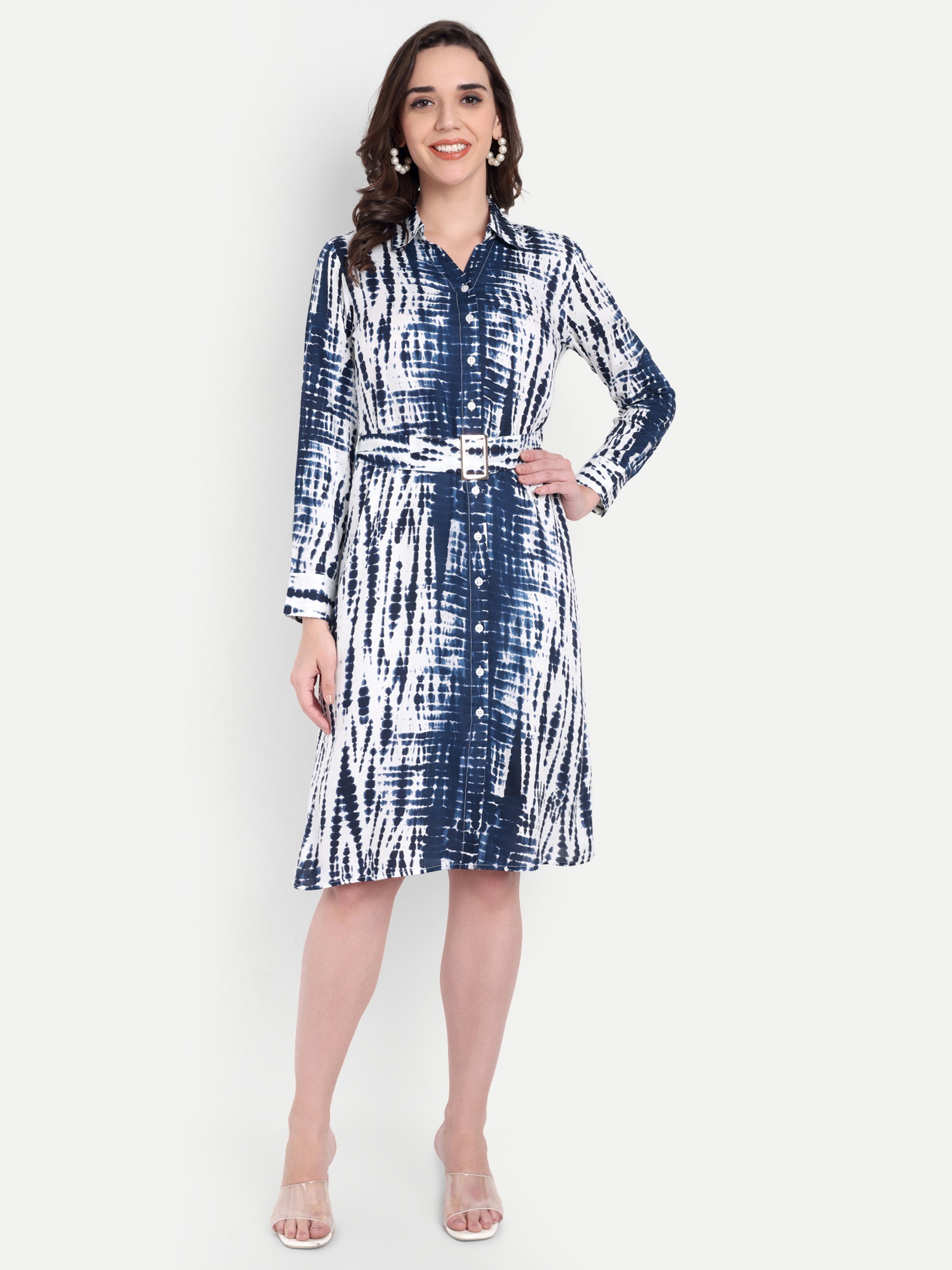 Women's Blue & White Printed Shirt Dress with Belt | Button-Down | Casual & Office Wear