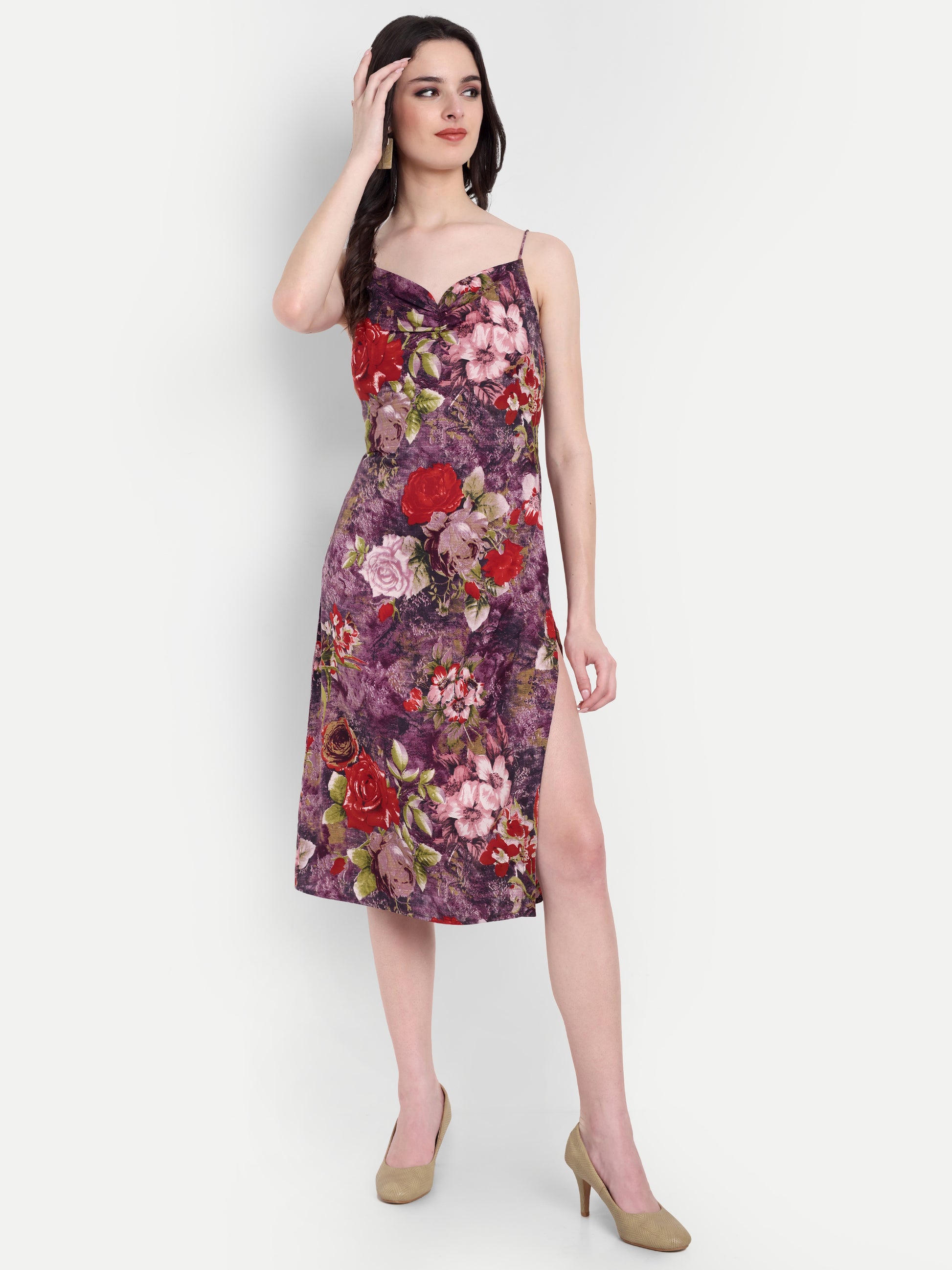 Women's Floral Print Slip Dress with Side Slit | Elegant Midi Dress for Party & Casual Wear