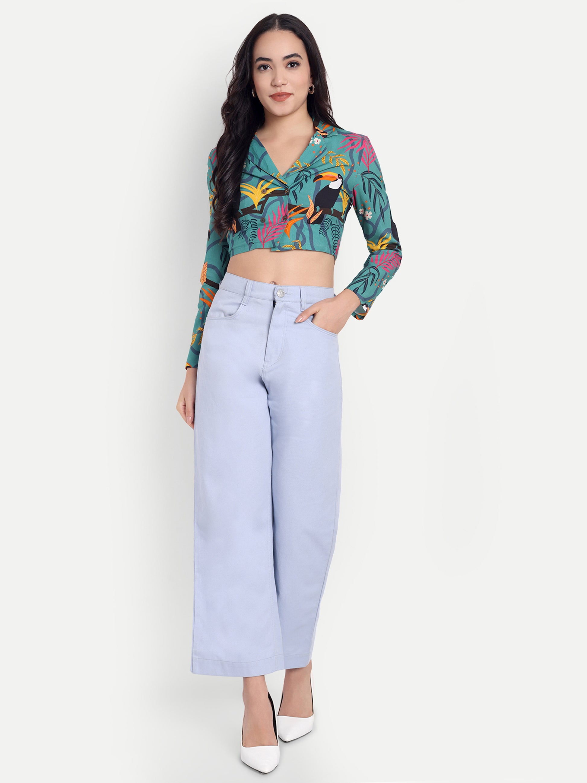 Tropical Print Collar Crop Top & Lavender Wide-Leg Trousers Set