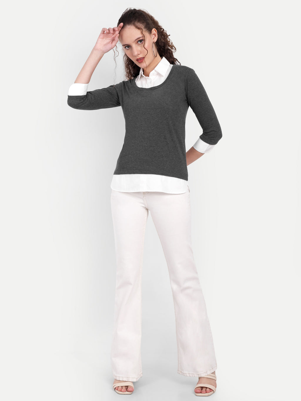 Women's Grey Layered Look Top with White Shirt Collar & 3/4 Sleeves