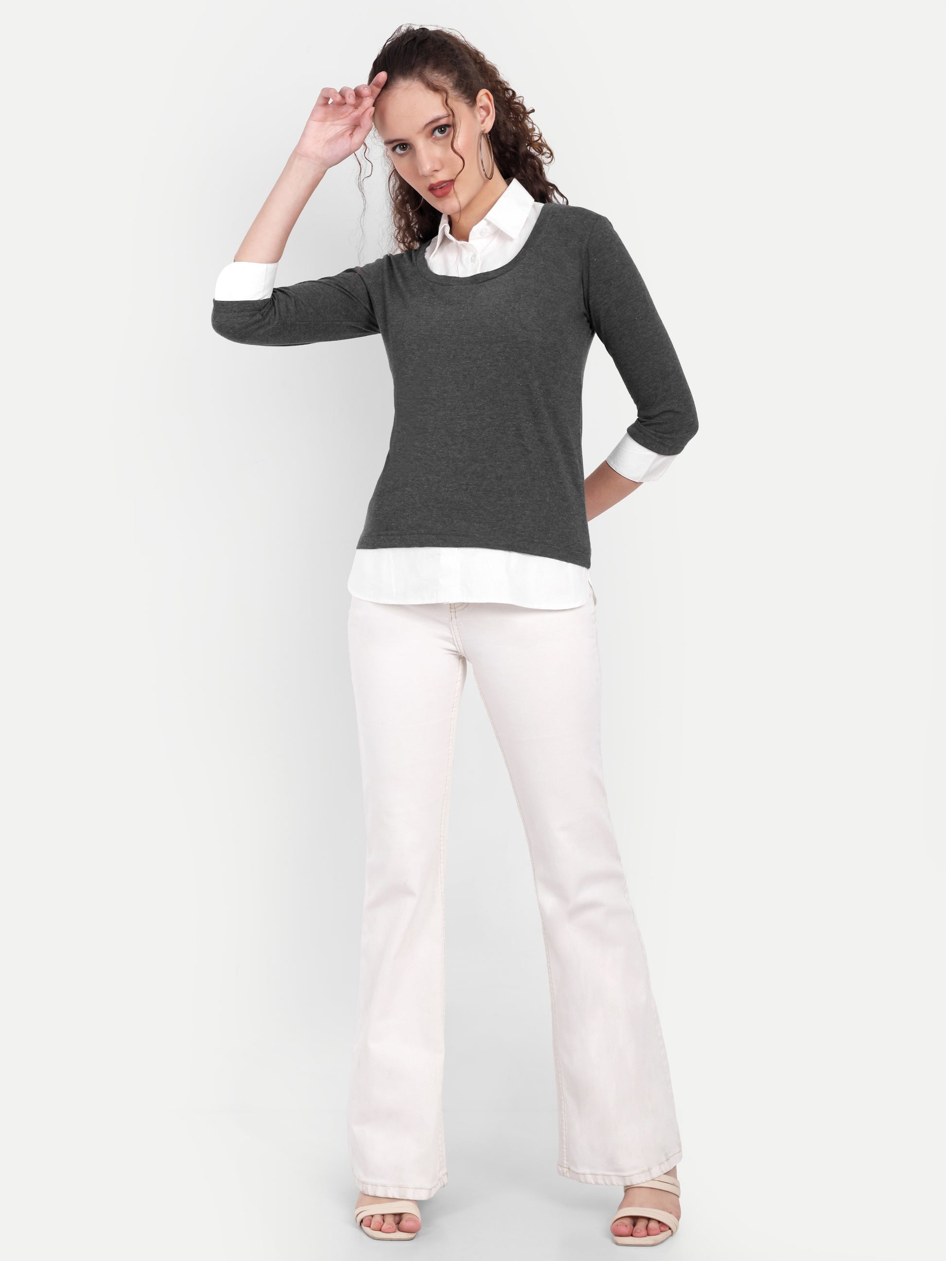 Women's Grey Layered Look Top with White Shirt Collar & 3/4 Sleeves