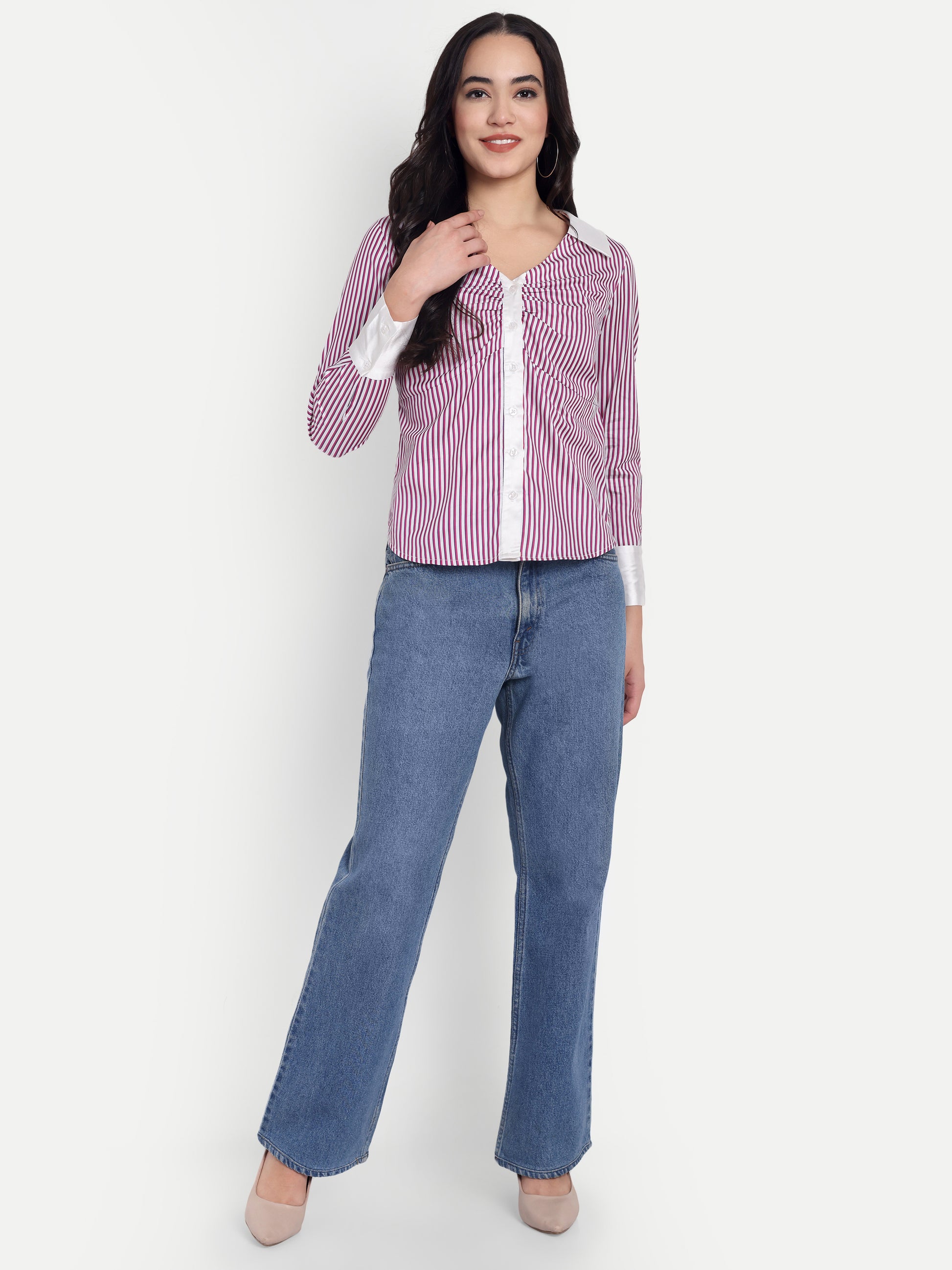 Women's Navy Purple & White Striped Button-Down Shirt – Long Sleeve | Smart Casual & Office Wear (Copy)