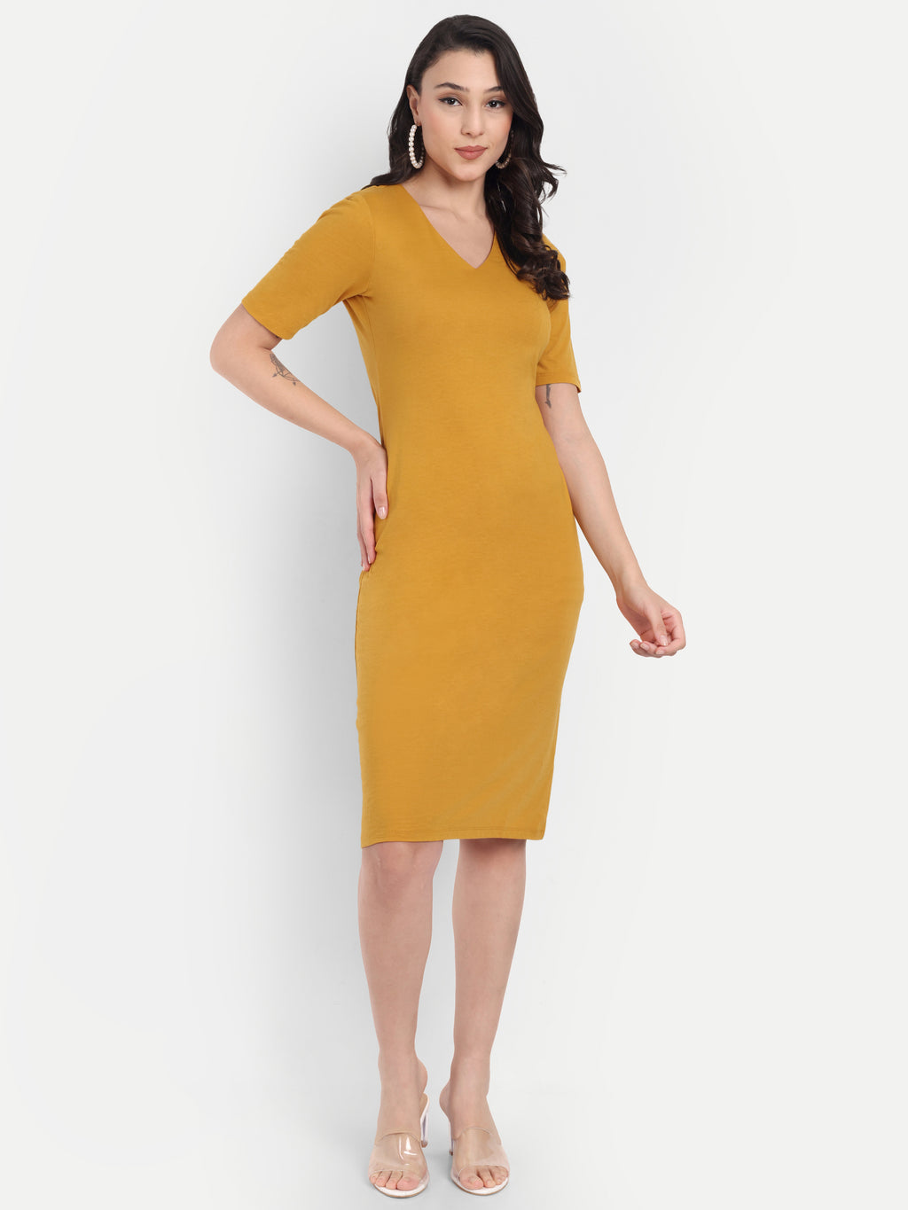 Women's Mustard Yellow Bodycon Midi Dress | V-Neck | Half Sleeve | Casual & Office Wear