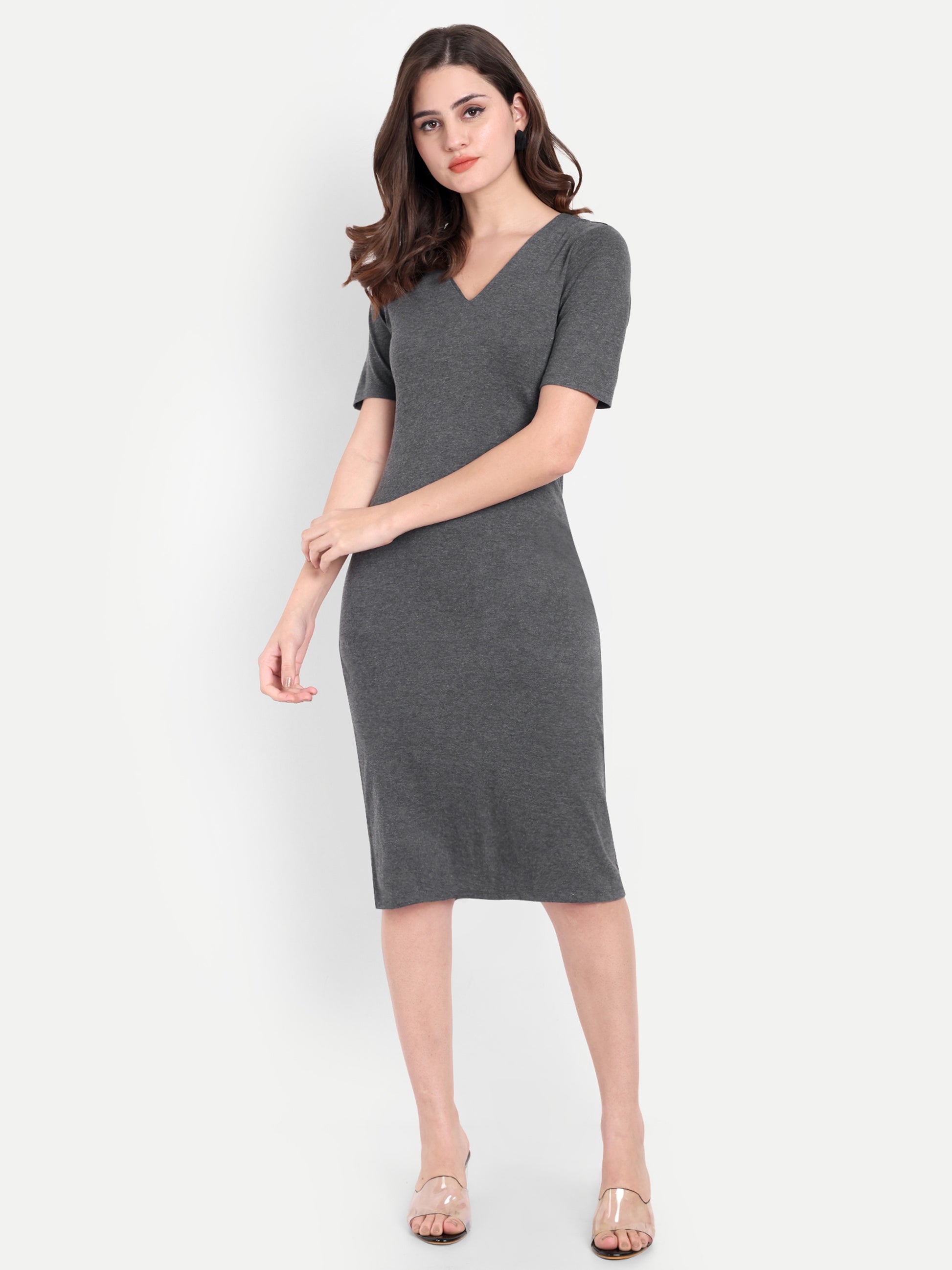 Women's Grey Bodycon Midi Dress | V-Neck | Half Sleeve | Casual & Office Wear