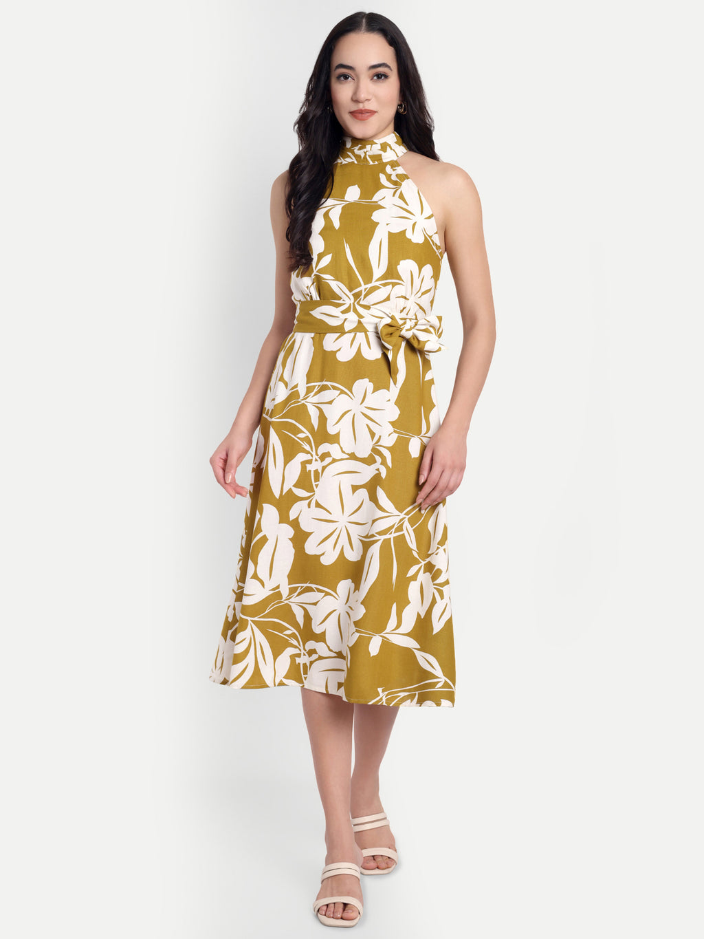 Women's Mustard Yellow & White Floral Halter Neck Midi Dress | Belted Waist | Resort & Summer Wear