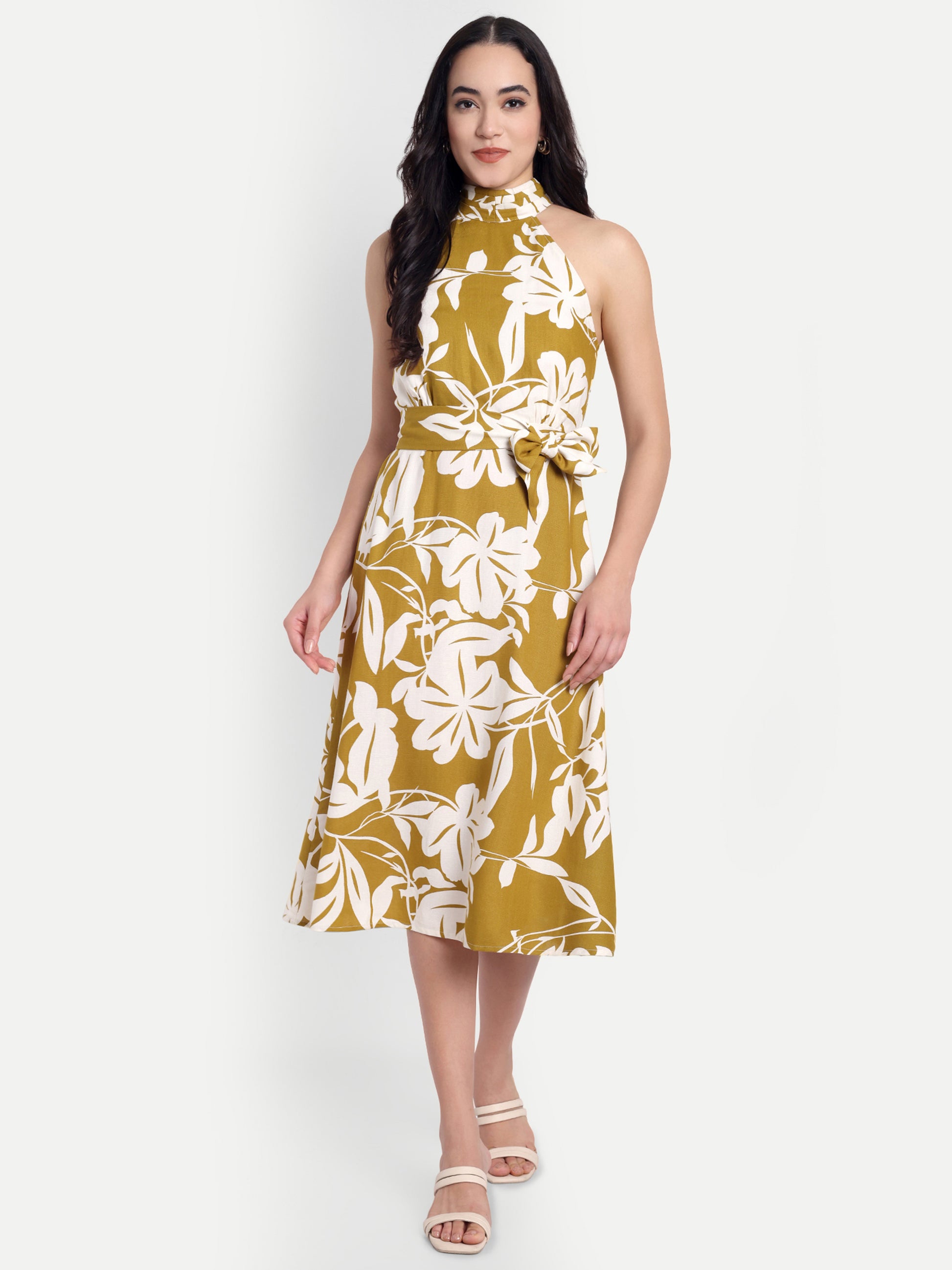 Women's Mustard Yellow & White Floral Halter Neck Midi Dress | Belted Waist | Resort & Summer Wear