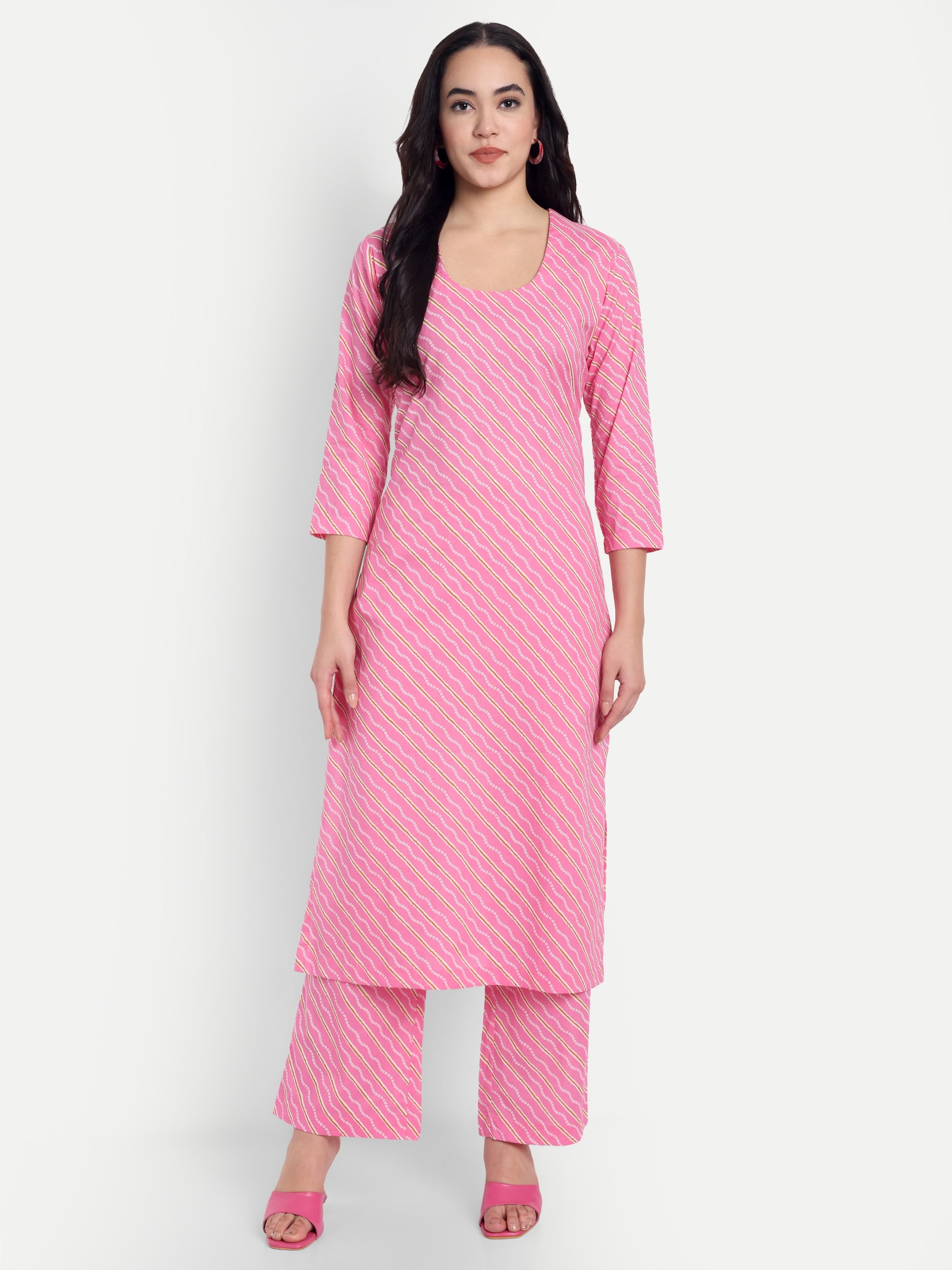 Women's Pink And White Printed Kurta with Straight Pants | Cotton Blend | Ethnic Wear