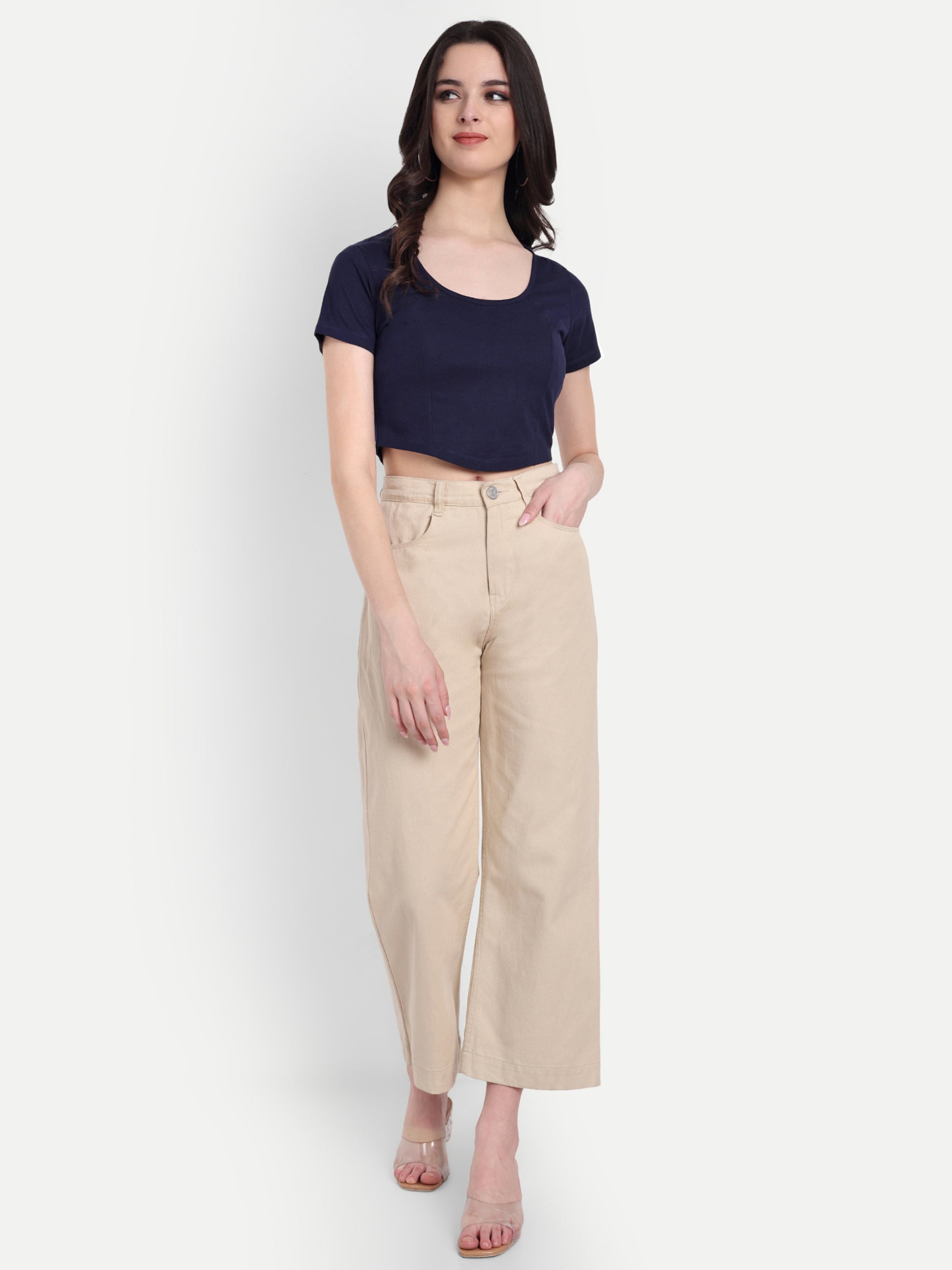 Women's Black Blue Crop Top with Scoop Neck & Short Sleeves