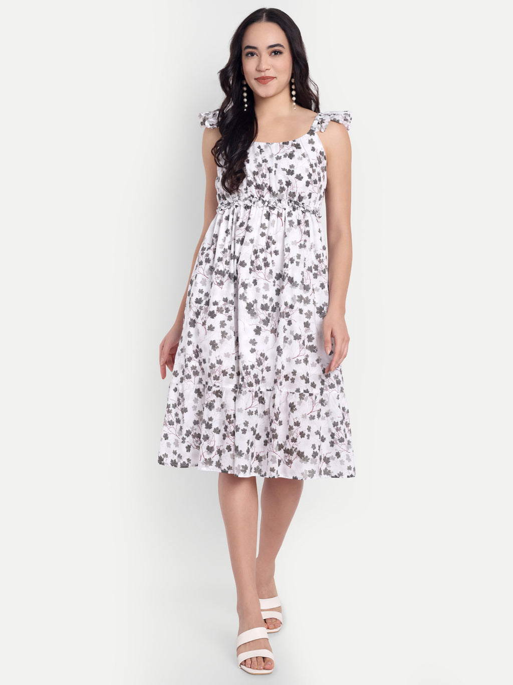 White Sleeveless Floral Midi Dress with Ruffle Straps