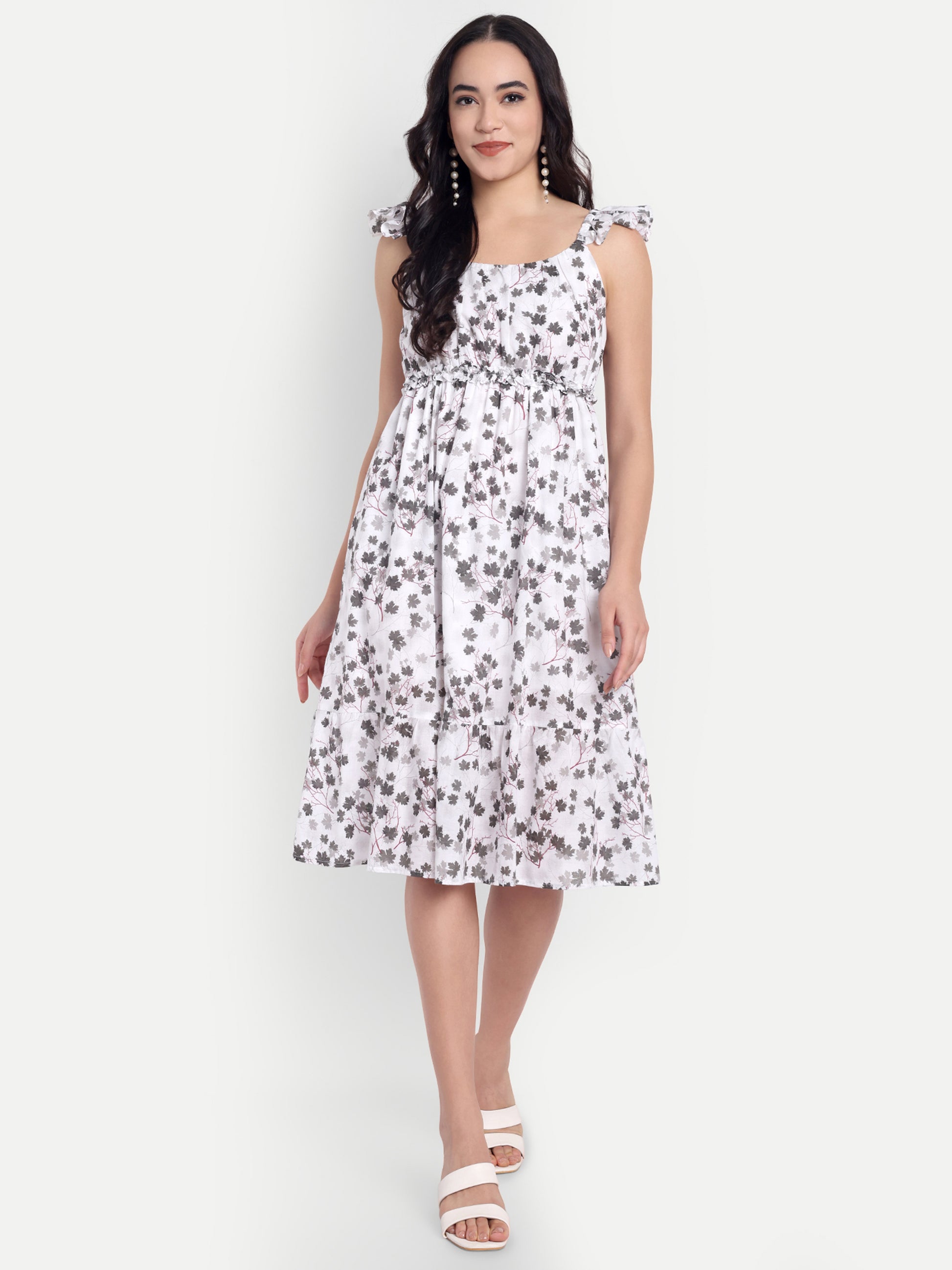 White Sleeveless Floral Midi Dress with Ruffle Straps