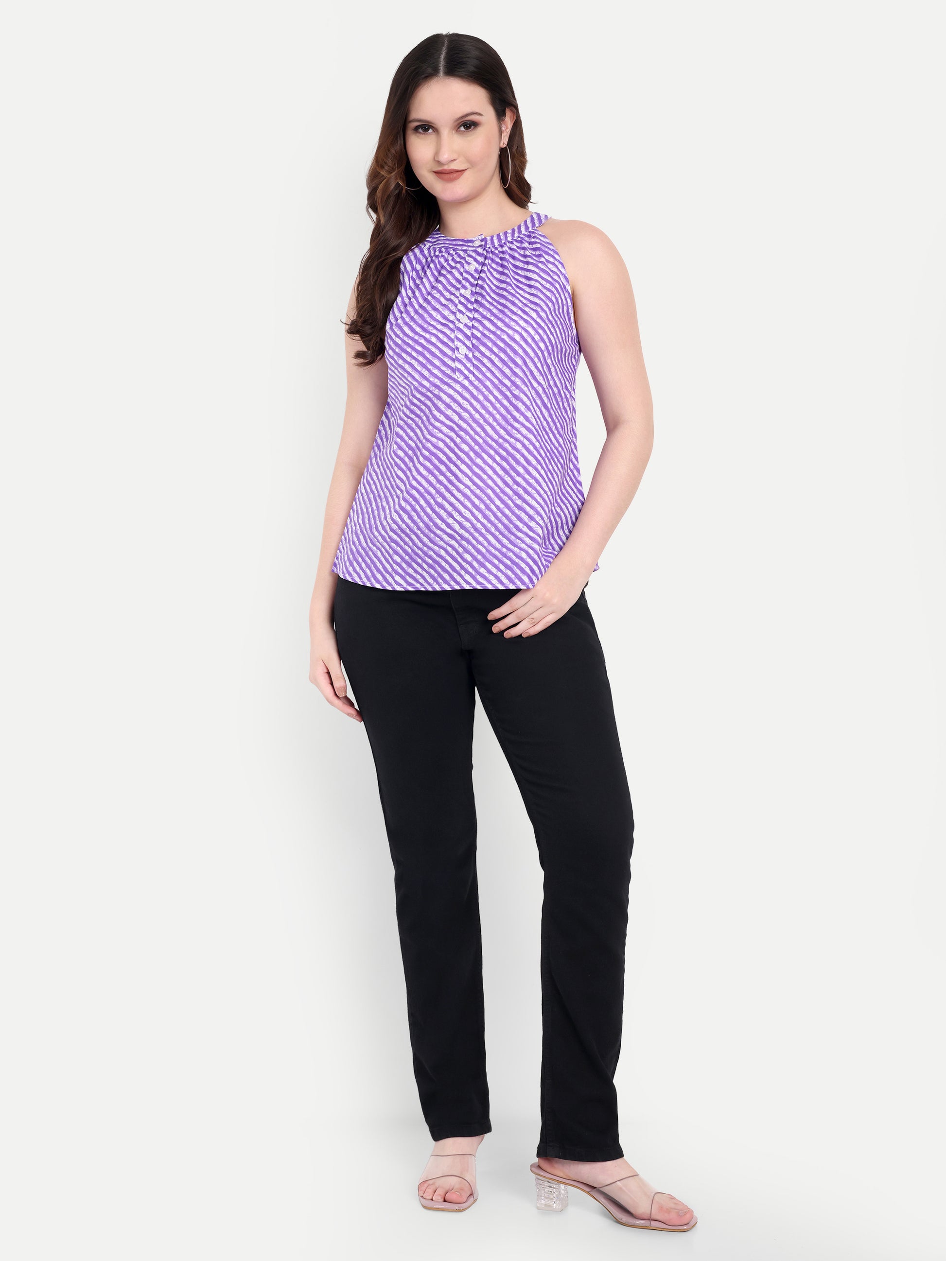 FairLeaf Women's Halter Neck Floral Print Top with Button-Down High Neckline| Sleeveless Elegant Summer Tunic for Casual, & Office Wear| Stylish Dress for Women