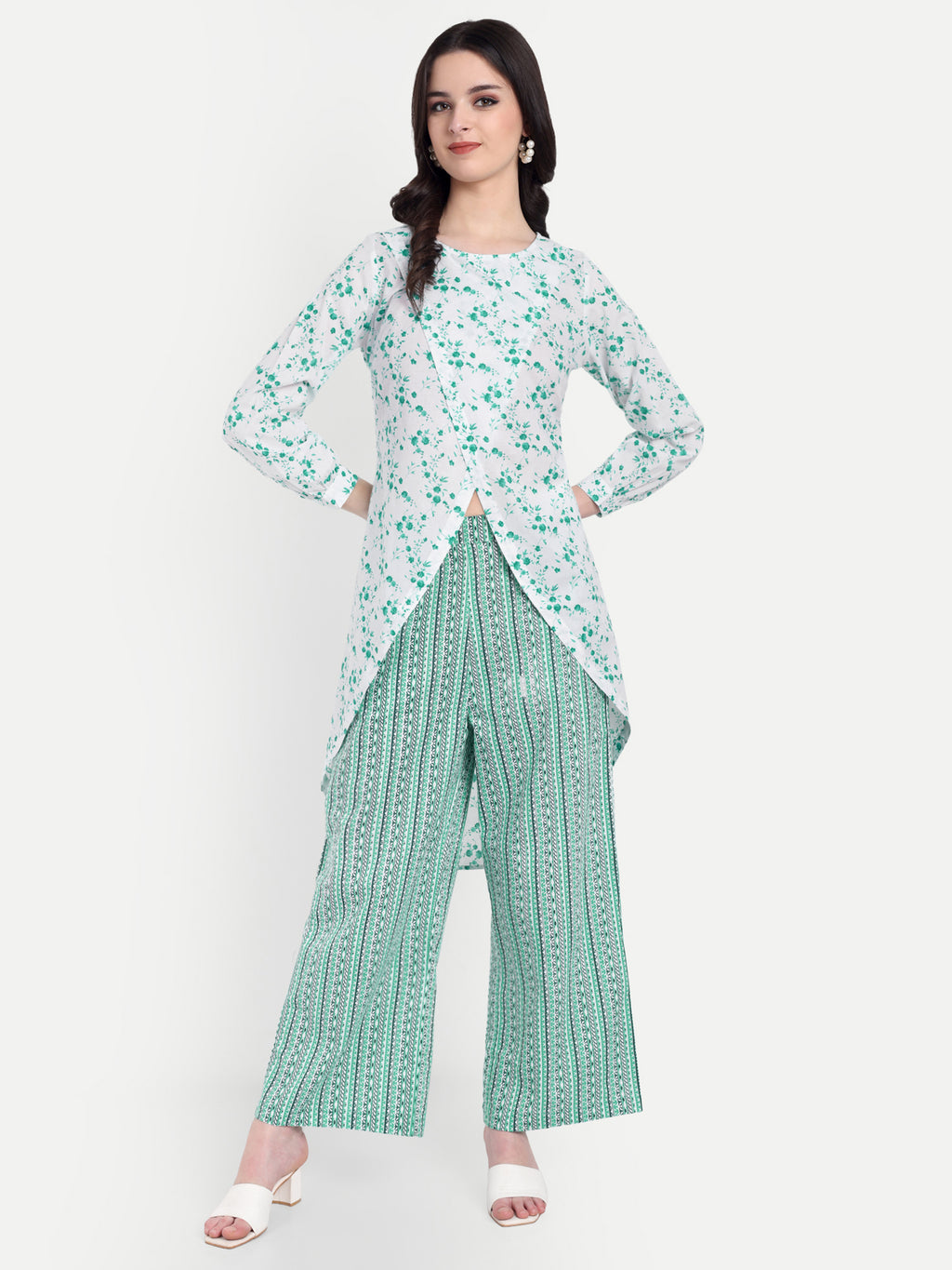 Women's Green White Printed Ethnic Co-ord Set | Asymmetrical Long Kurta with Wide-Leg Pants
