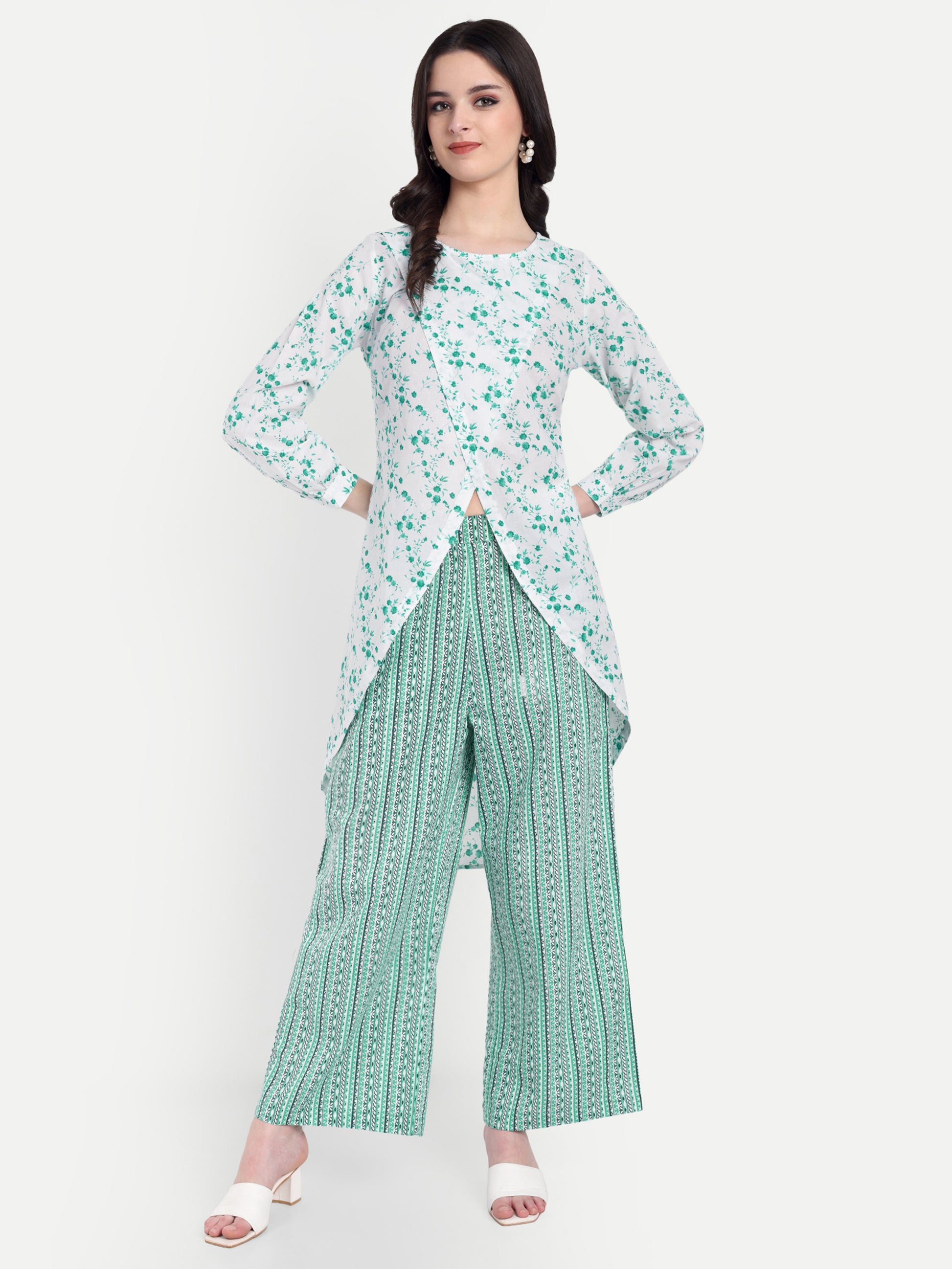Women's Green White Printed Ethnic Co-ord Set | Asymmetrical Long Kurta with Wide-Leg Pants