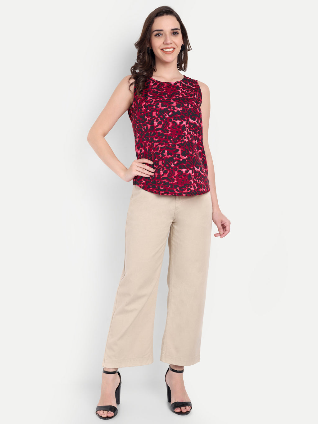 Women's Red Sleeveless Top | Subtle Pattern | Elegant Round Neck for Casual & Office Wear