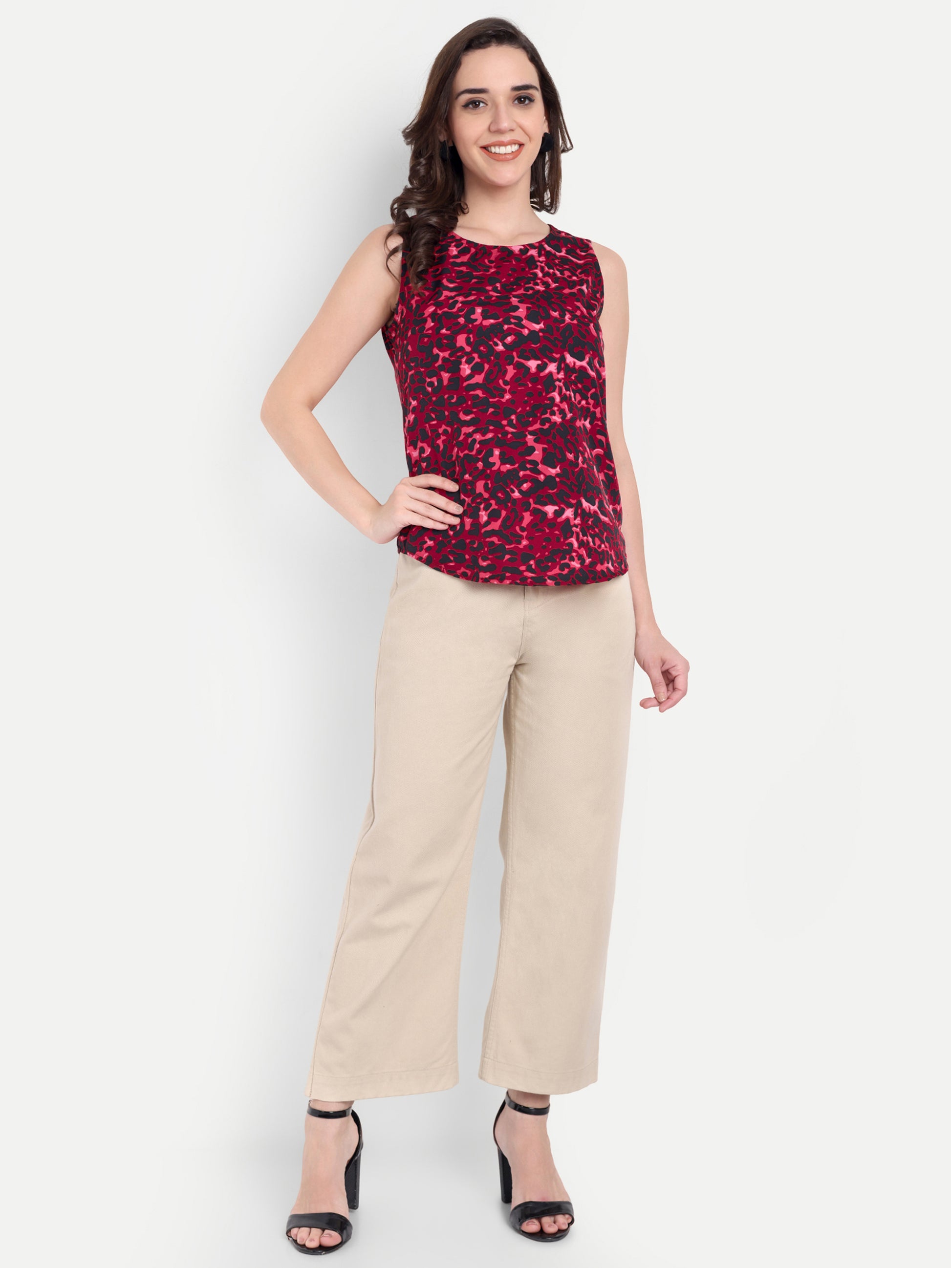 Women's Red Sleeveless Top | Subtle Pattern | Elegant Round Neck for Casual & Office Wear