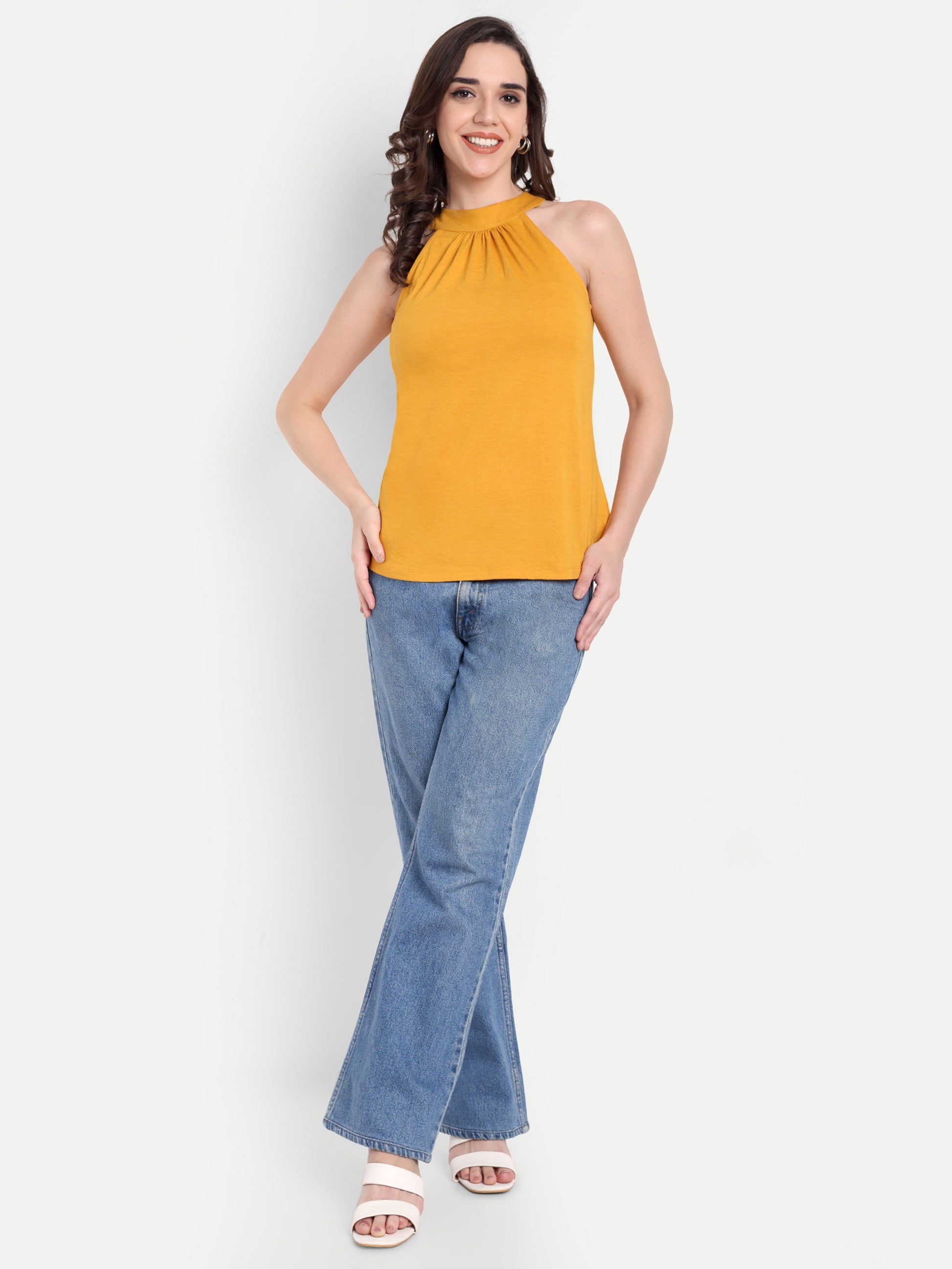 Women's Yellow Halter Neck Sleeveless Top | Casual & Party Wear