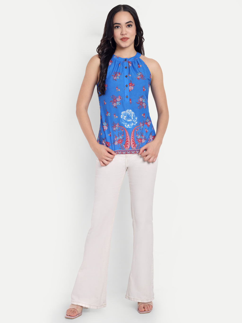 FairLeaf Women's Halter Neck Floral Print Top | Sleeveless Elegant Summer Blue Floral Tunic for Casual, & Office Wear