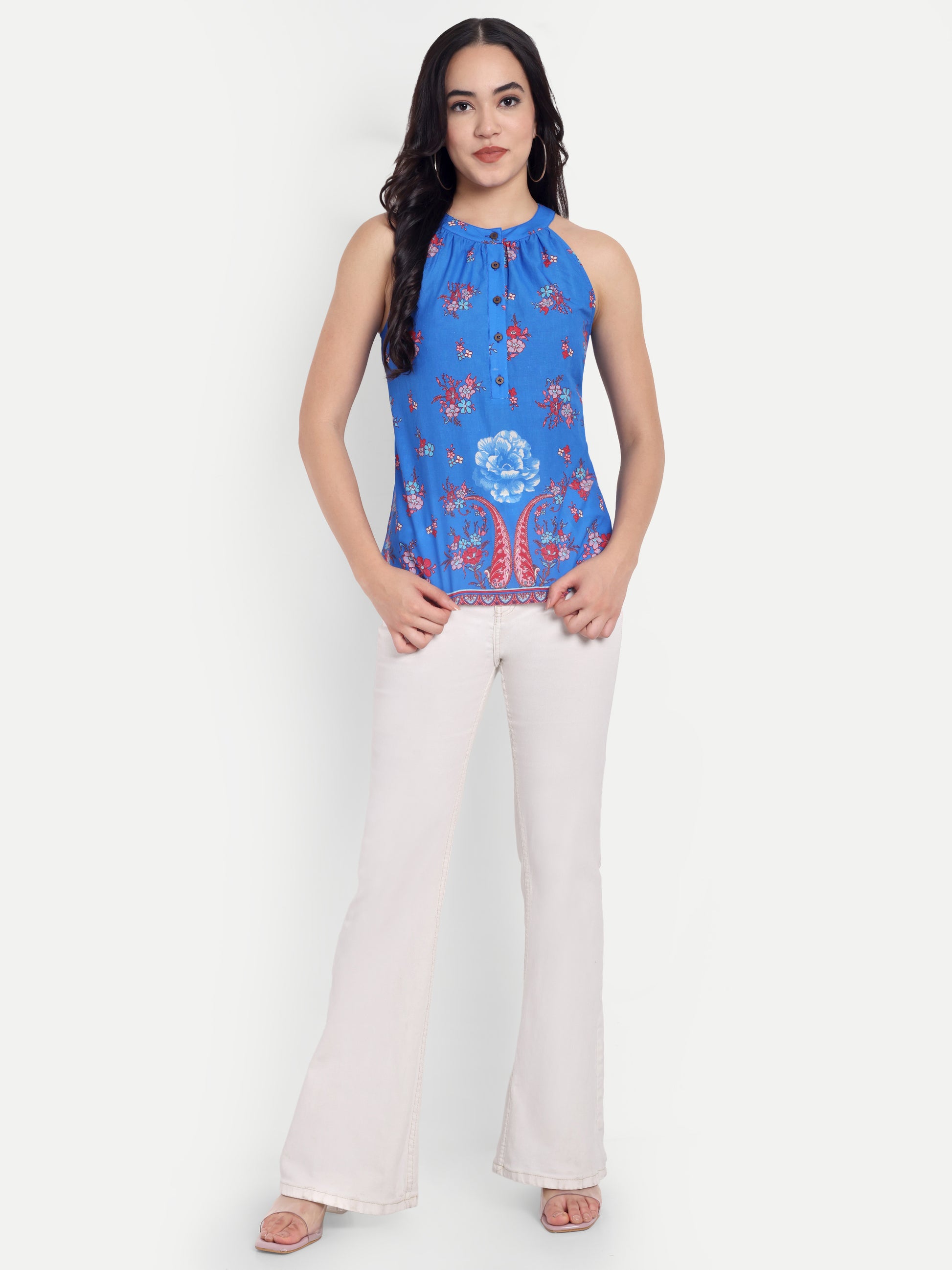 FairLeaf Women's Halter Neck Floral Print Top | Sleeveless Elegant Summer Blue Floral Tunic for Casual, & Office Wear