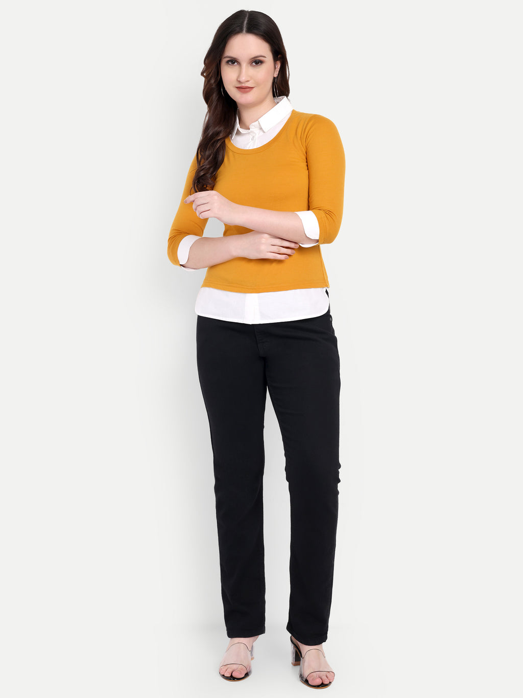 Women's Orange Layered Look Top with white Shirt Collar & 3/4 Sleeves