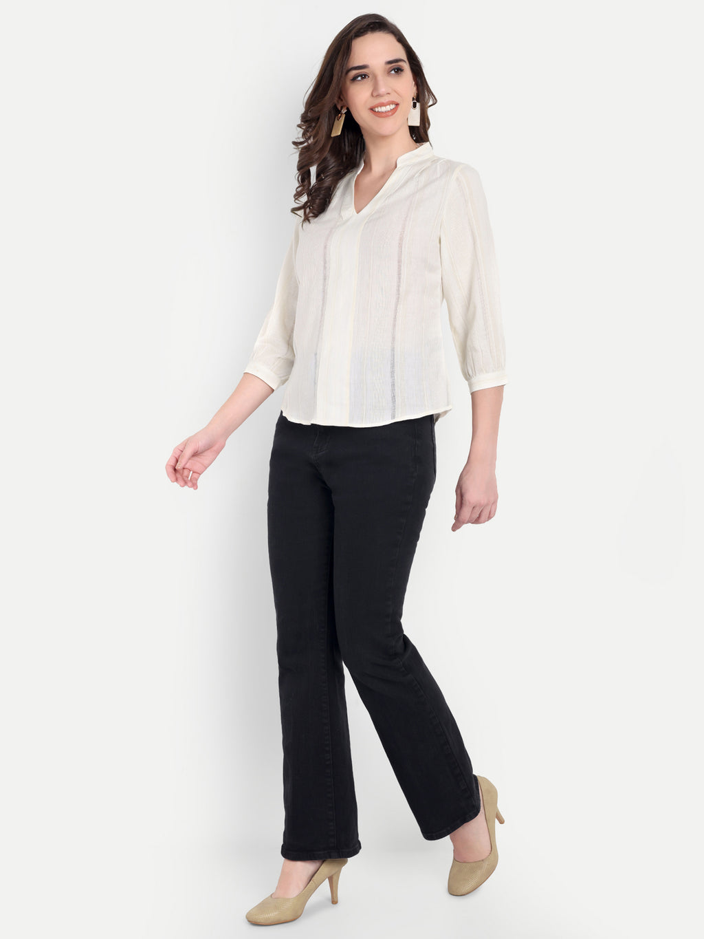 Women's  V-Neck 3/4 Sleeve Top | Lightweight Cotton Blend | Elegant Everyday Wear