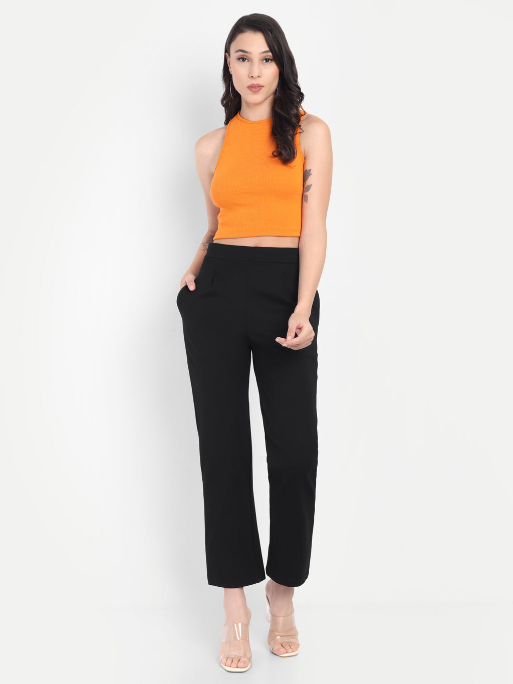 Women's Black Slim-Fit Cigarette Pants – Mid-Rise | Formal & Casual Wear