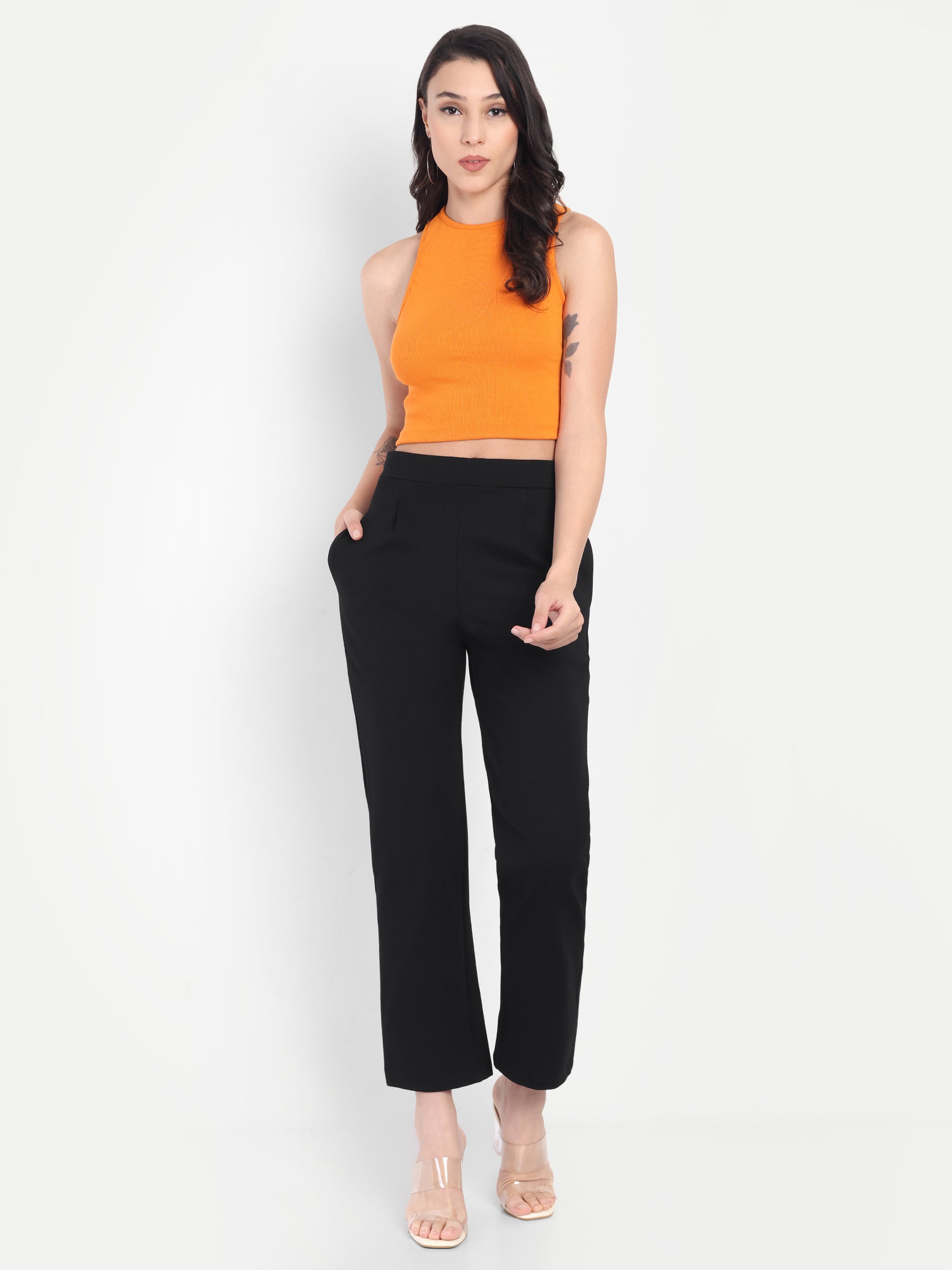 Women's Black Slim-Fit Cigarette Pants – Mid-Rise | Formal & Casual Wear