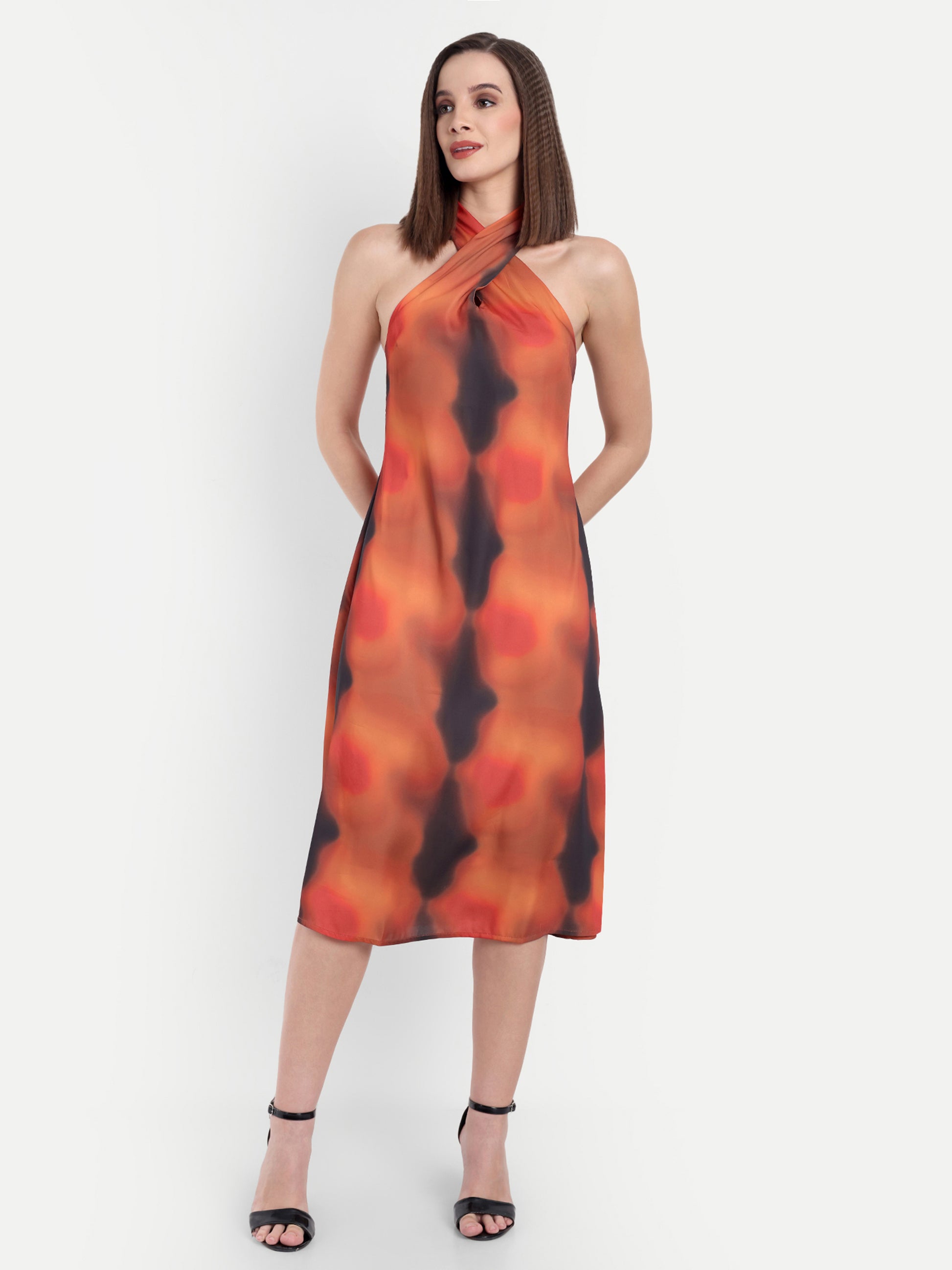 Women's red Black Halter Neck Midi Dress | Sleeveless Summer Dress